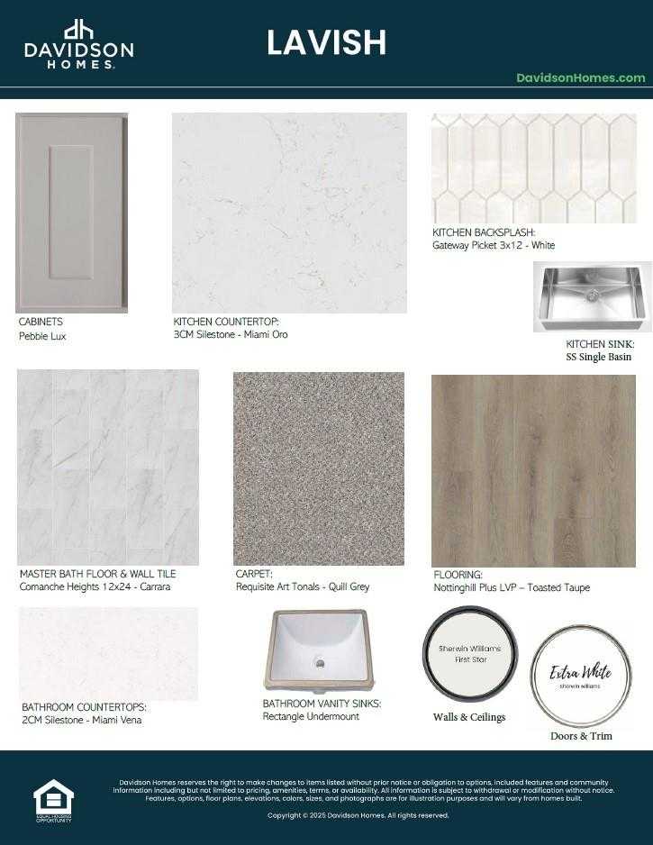 Interior material swatches for Davidson Homes The Frio F: white cabinets, gray carpets, tile backsplash in 3-bed Liberty Estates home, Cleveland TX