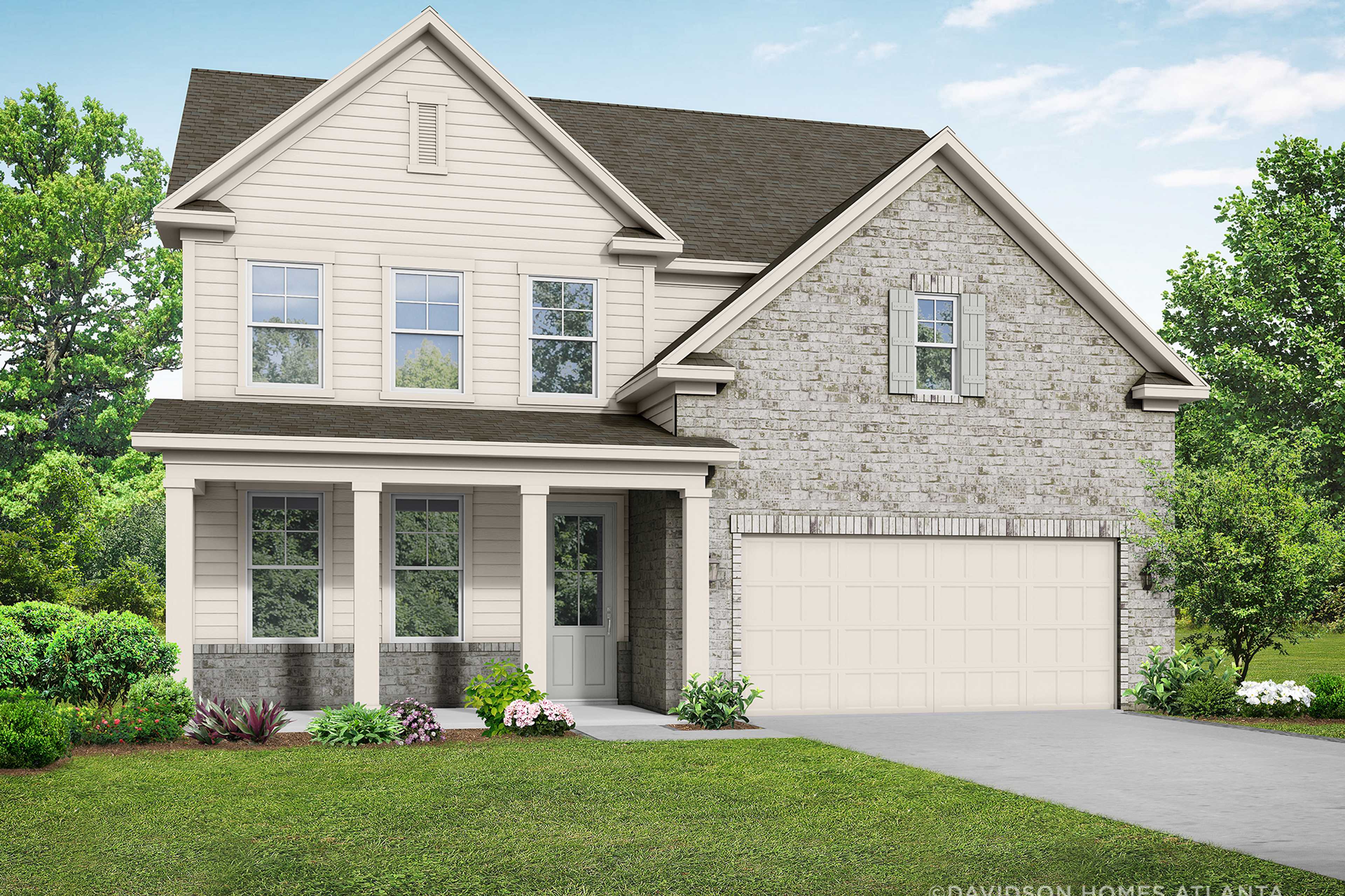 Two-story The Hickory C elevation by Davidson Homes in Winder GA, beige siding stone accents covered porch 2-car garage