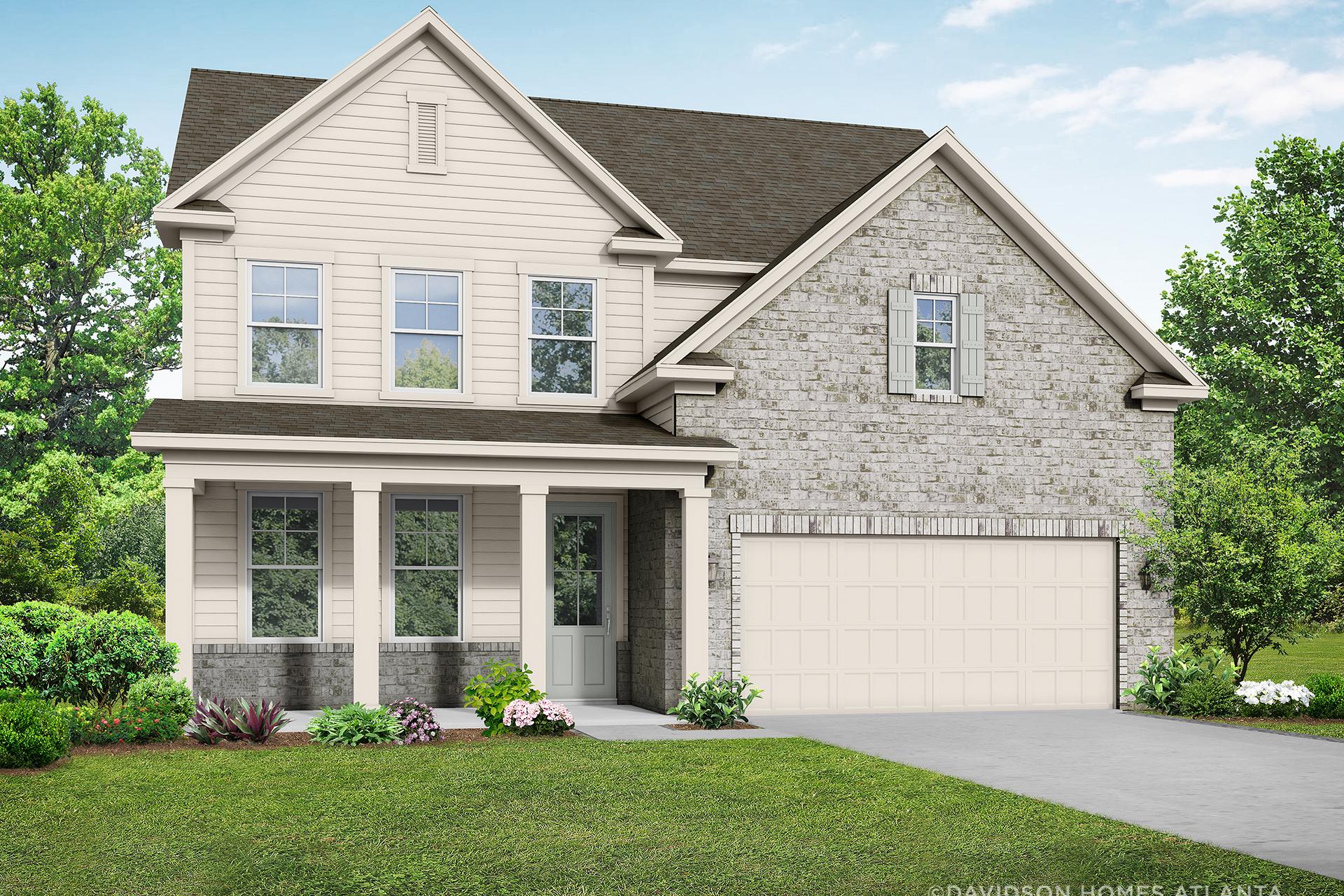 Two-story The Hickory C elevation by Davidson Homes in Winder GA, beige siding stone accents covered porch 2-car garage
