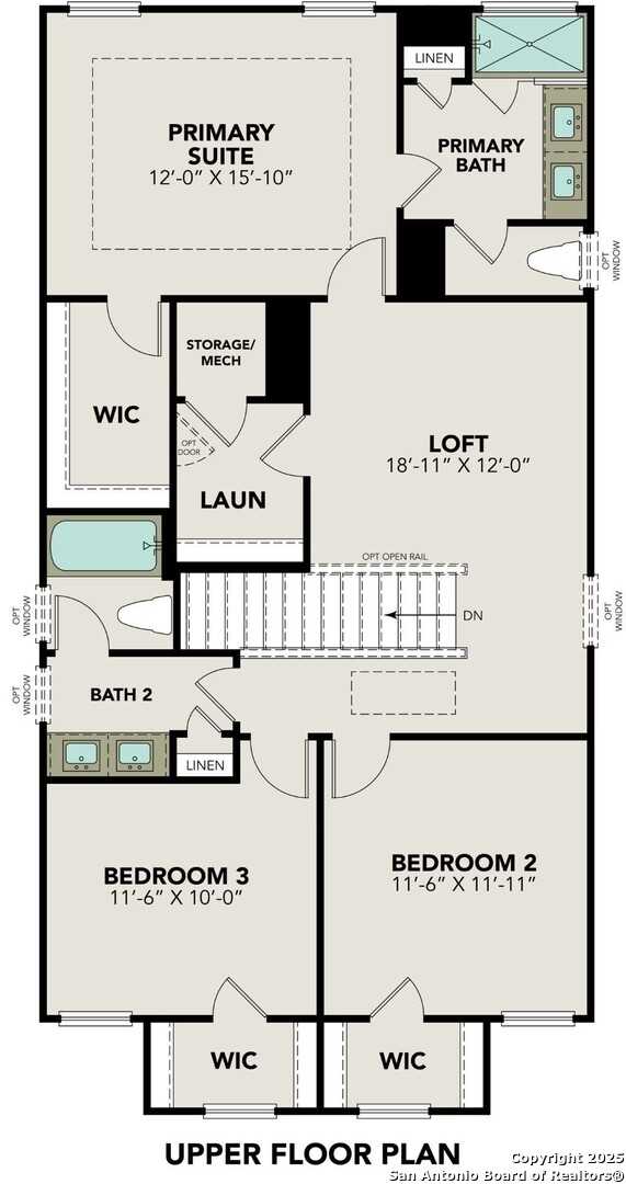 Upper floor plan with primary suite, loft, bedrooms 2-3, baths in The Charlotte B by Davidson Homes, San Antonio