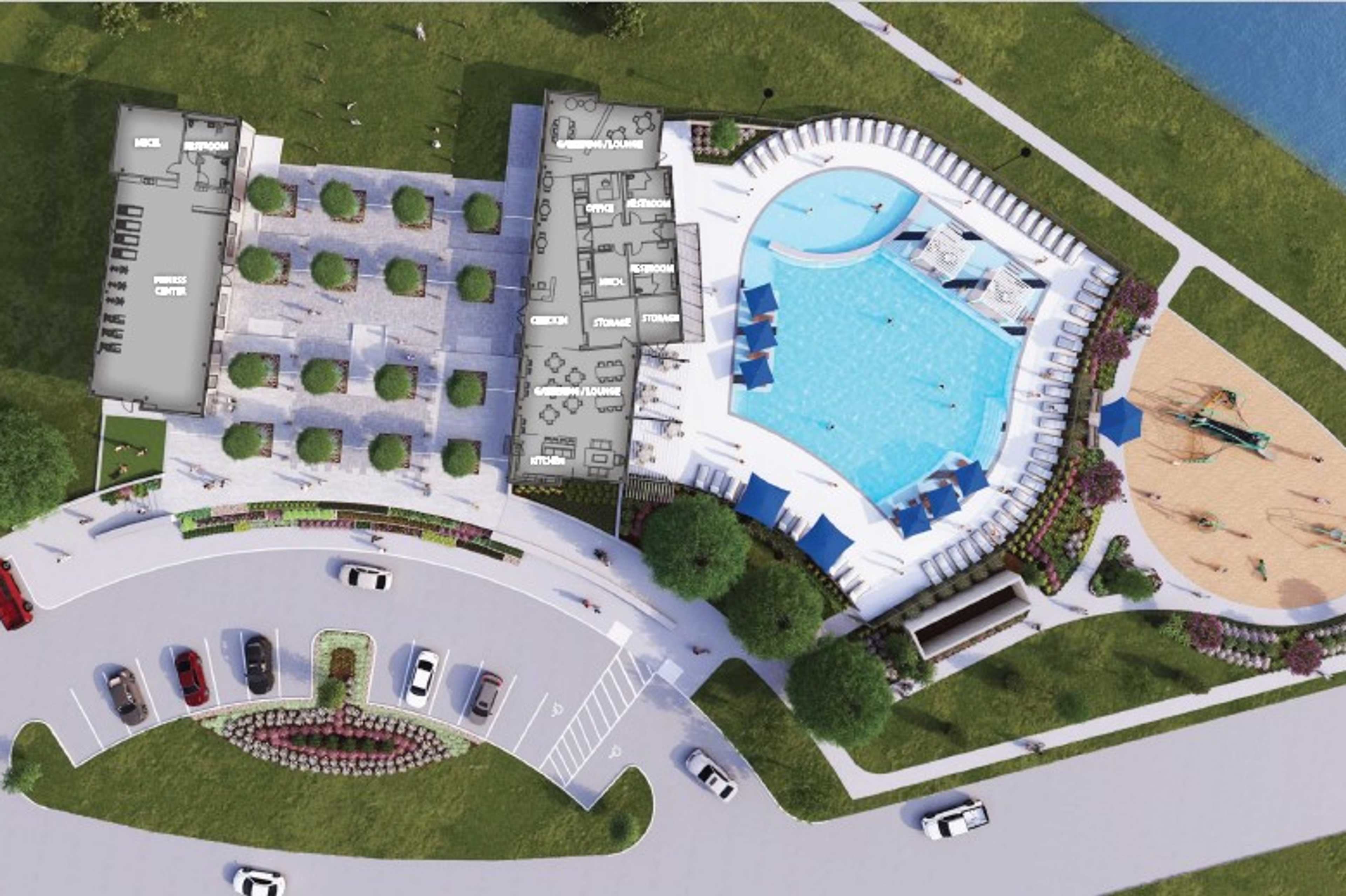 Aerial view of resort-style pool and playground at Sundance Cove in Crosby Texas by Davidson Homes with lounge seating and green spaces