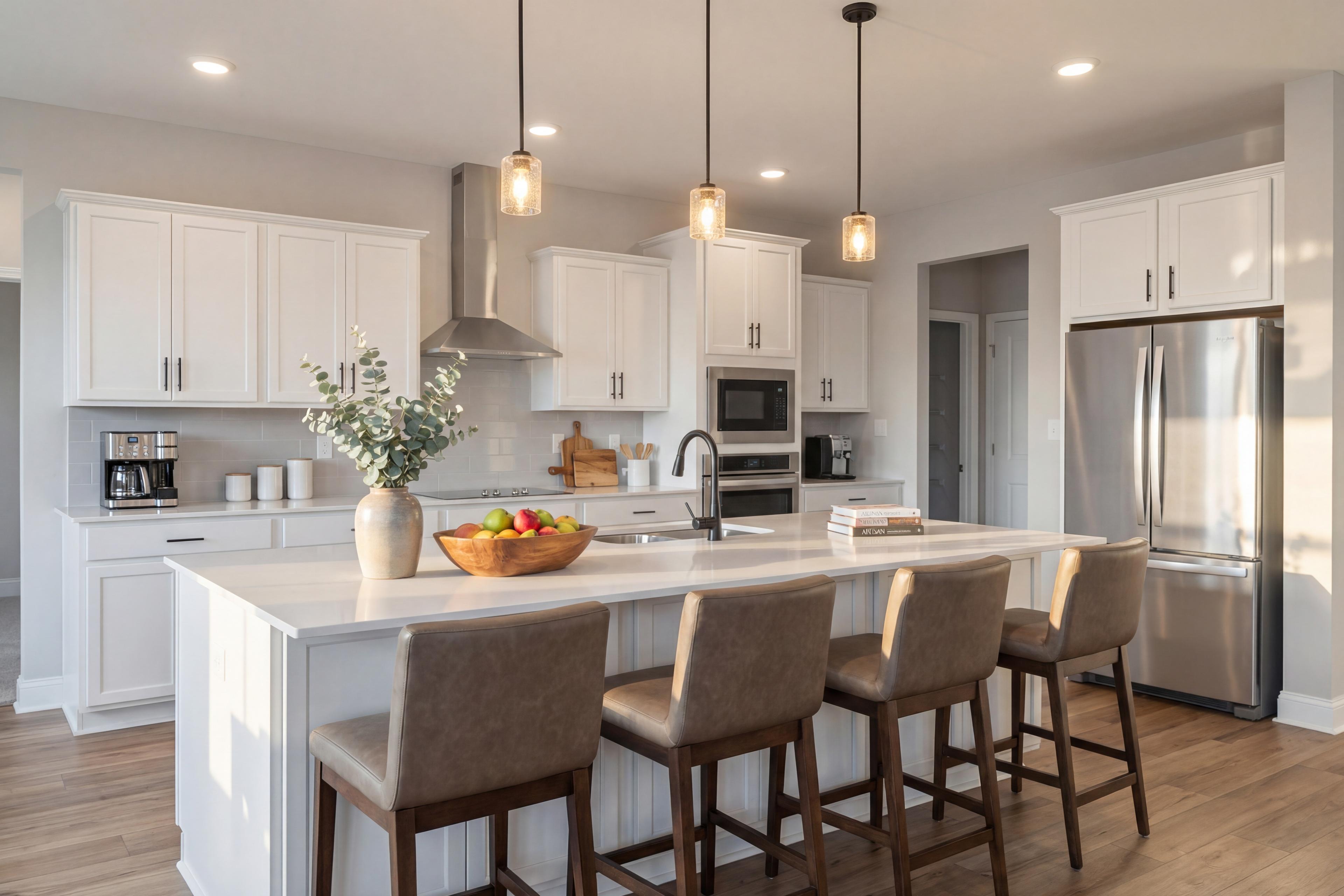 Spacious Valencia kitchen with white shaker cabinets, quartz island, leather bar stools, stainless appliances, and fresh fruit display