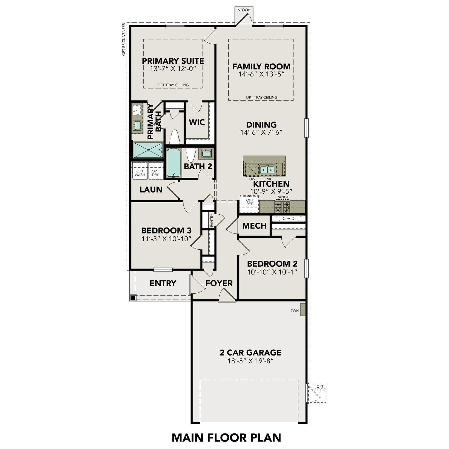 The Comal F floor plan: 3-bedroom, 2-bath, 1,255 sq ft single-story layout with 2-car garage, kitchen, and primary suite in Liberty Estates, Cleveland, Texas