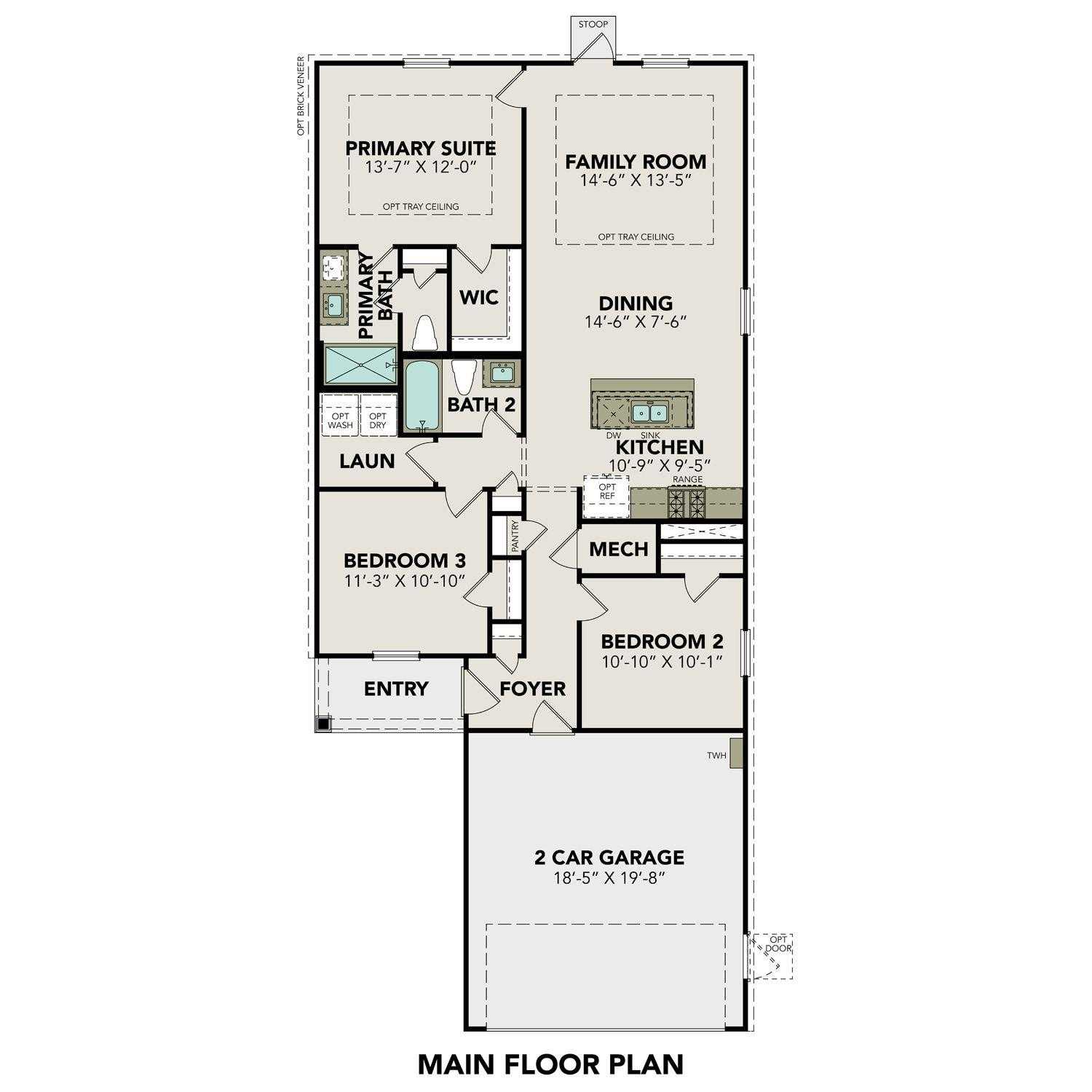 The Comal F floor plan: 3-bedroom, 2-bath, 1,255 sq ft single-story layout with 2-car garage, kitchen, and primary suite in Liberty Estates, Cleveland, Texas