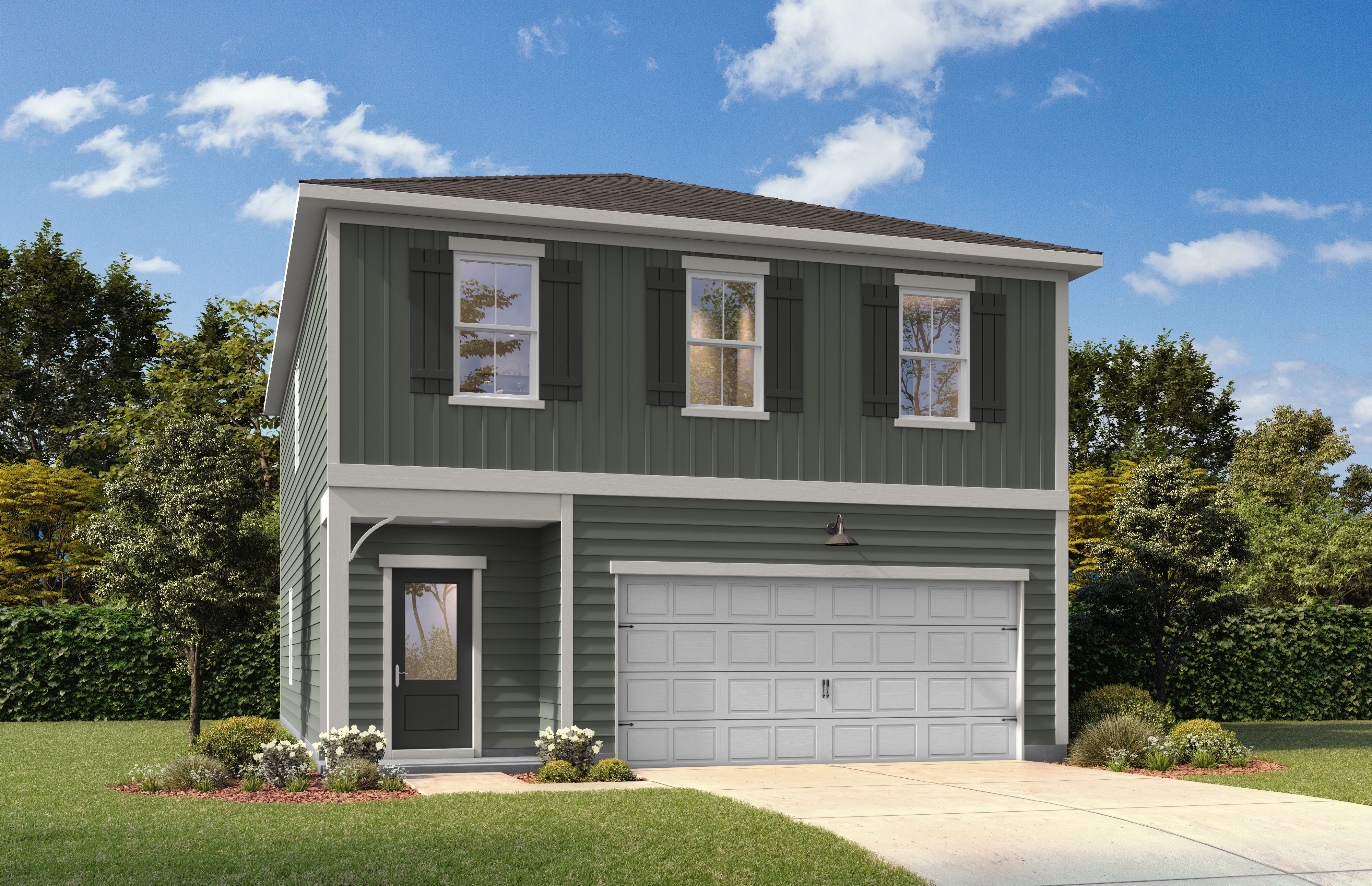 Front exterior elevation with 3 windows, front door and garage