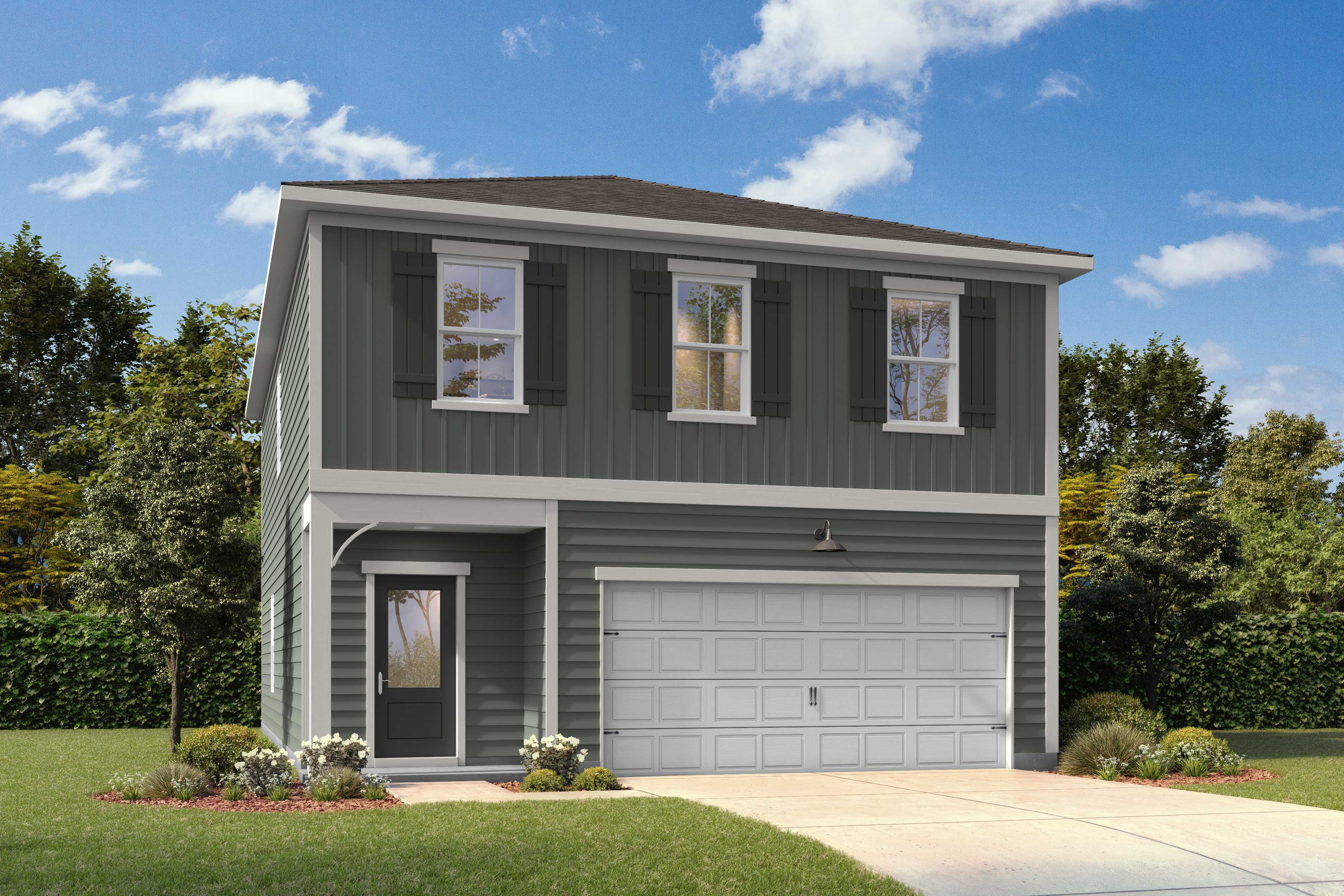 Front exterior elevation with 3 windows, front door and garage