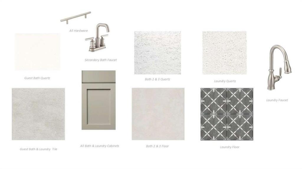 Bathroom and laundry vanities with white quartz, gray cabinets, chrome faucets in The Hickory C, Hoschton, Georgia