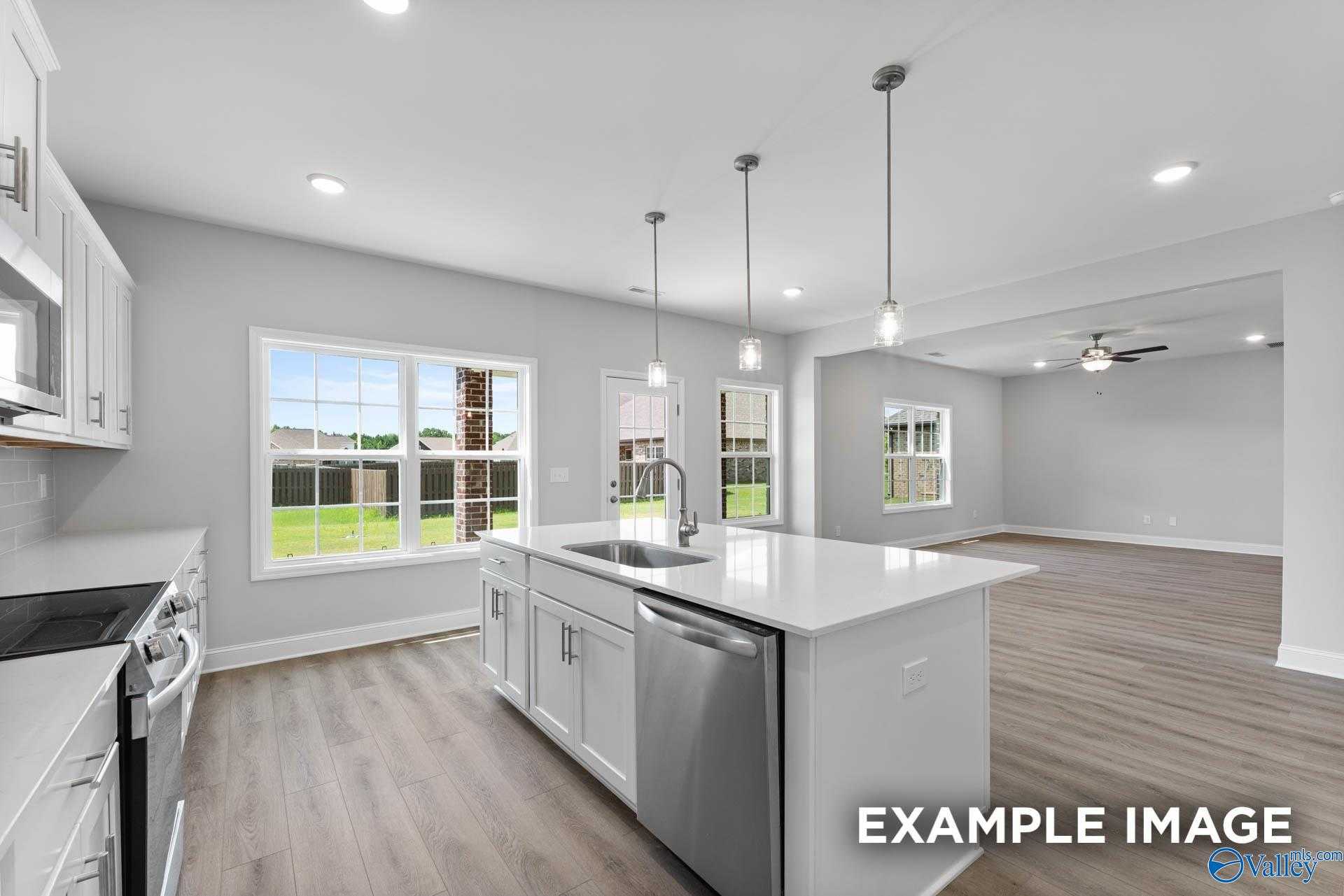 Modern white kitchen island with sink and stainless dishwasher, open to living area in Davidson Homes Madison A, Harvest, Alabama