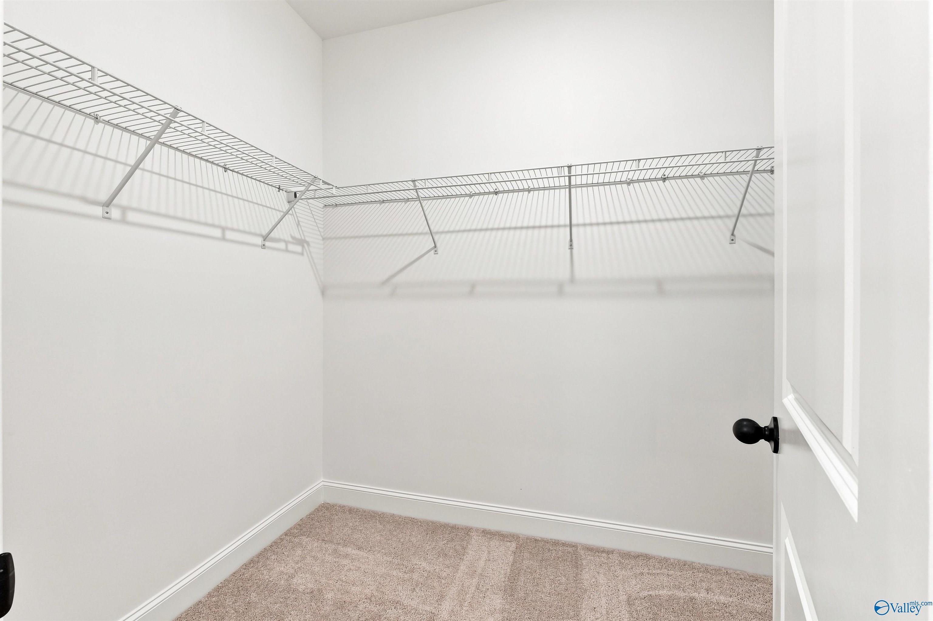 Spacious walk-in closet with wire shelving and carpet flooring in Davidson Homes Franklin C plan, Wood Trail, Toney, Alabama