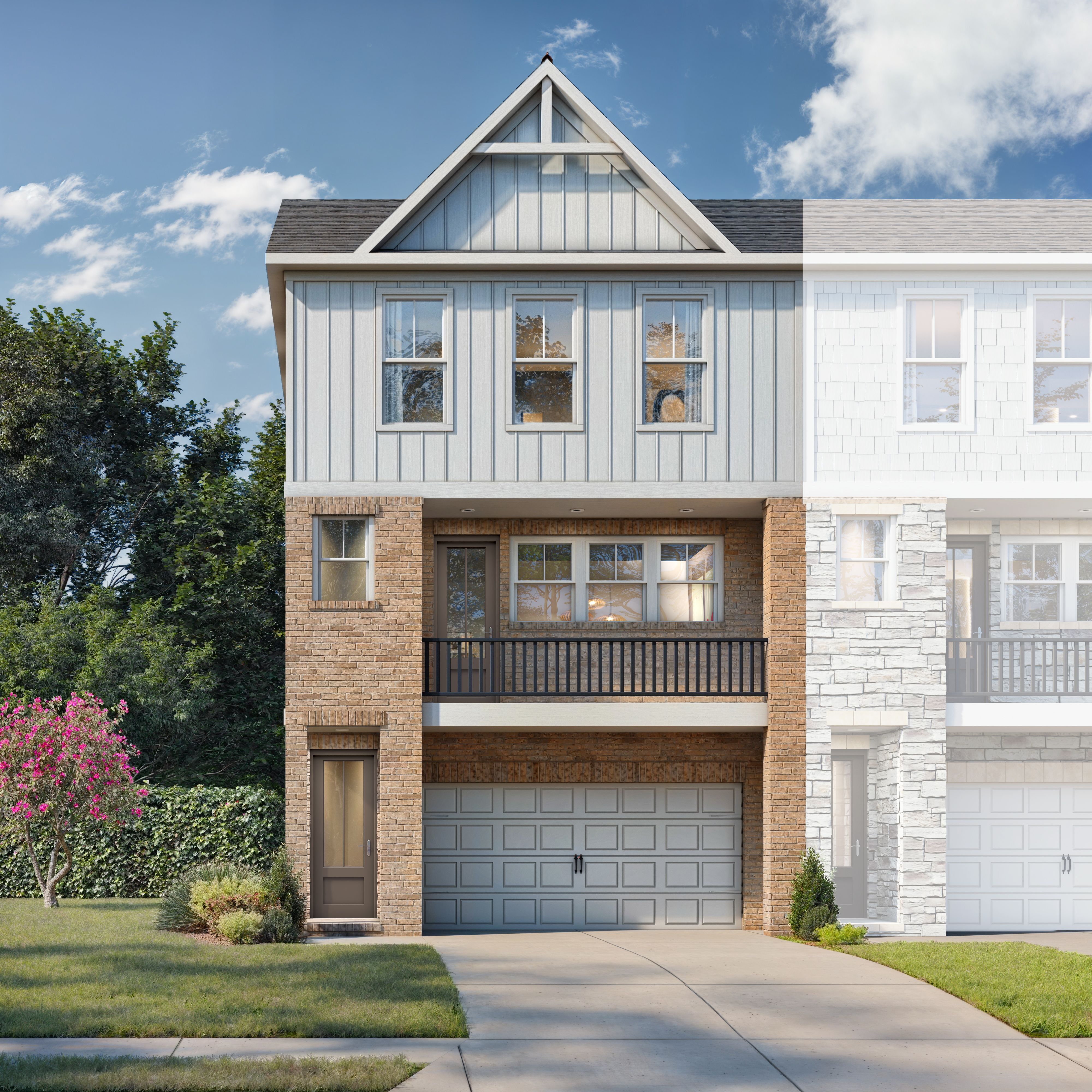 3-story multi-family townhome The Lane B elevation featuring gray siding, brick accents, balcony, 2-car garage, and lush landscaping in Woodstock GA