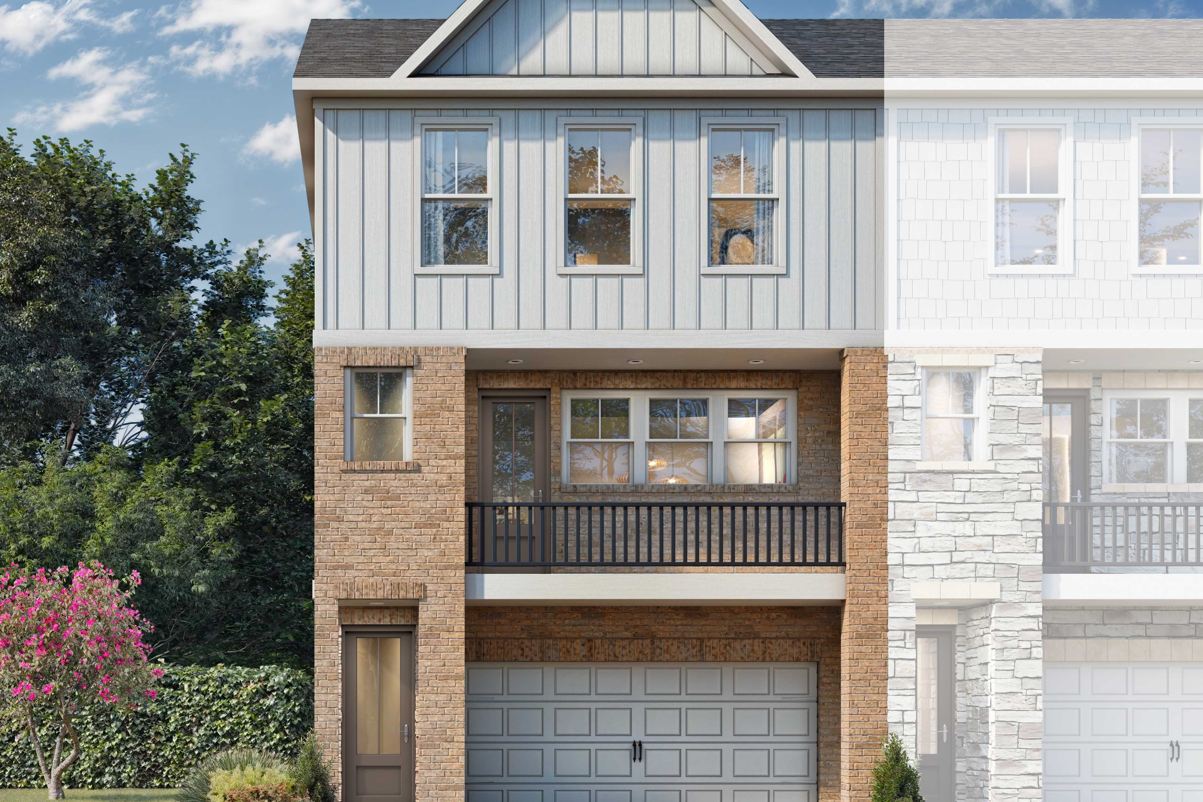 3-story multi-family townhome The Lane B elevation featuring gray siding, brick accents, balcony, 2-car garage, and lush landscaping in Woodstock GA