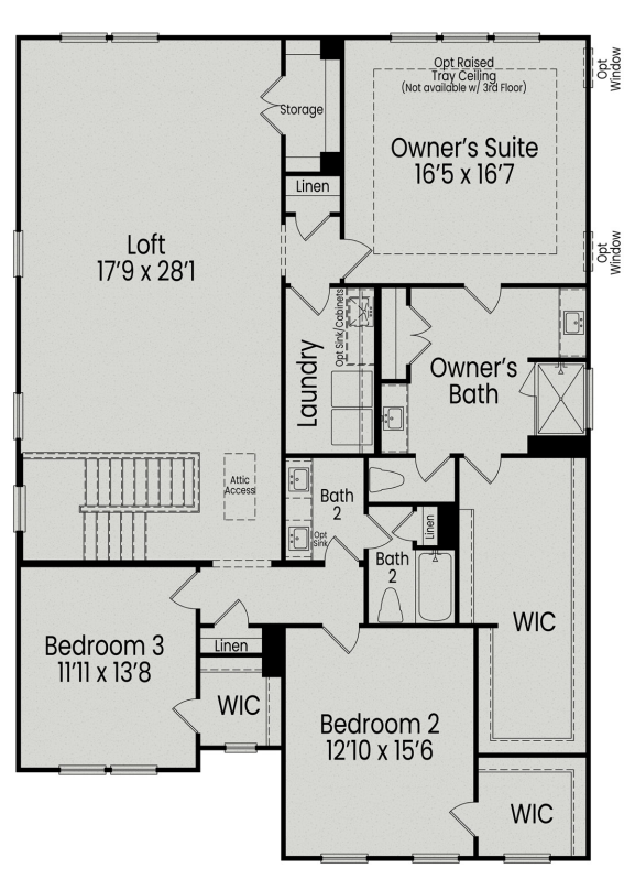 Second floor plan of The Aspen B showcasing owner's suite 16x17, loft, bedrooms 2 and 3, baths, and walk-in closets