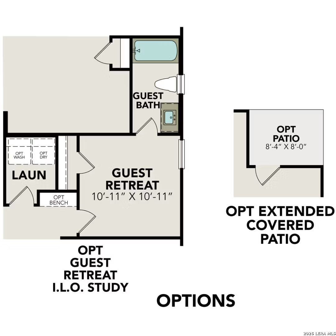 Daphne H floor plan with guest bedroom, bath, laundry, optional ILO study in 3-bed, 2-bath Davidson Homes, Hannah Heights, Seguin, TX