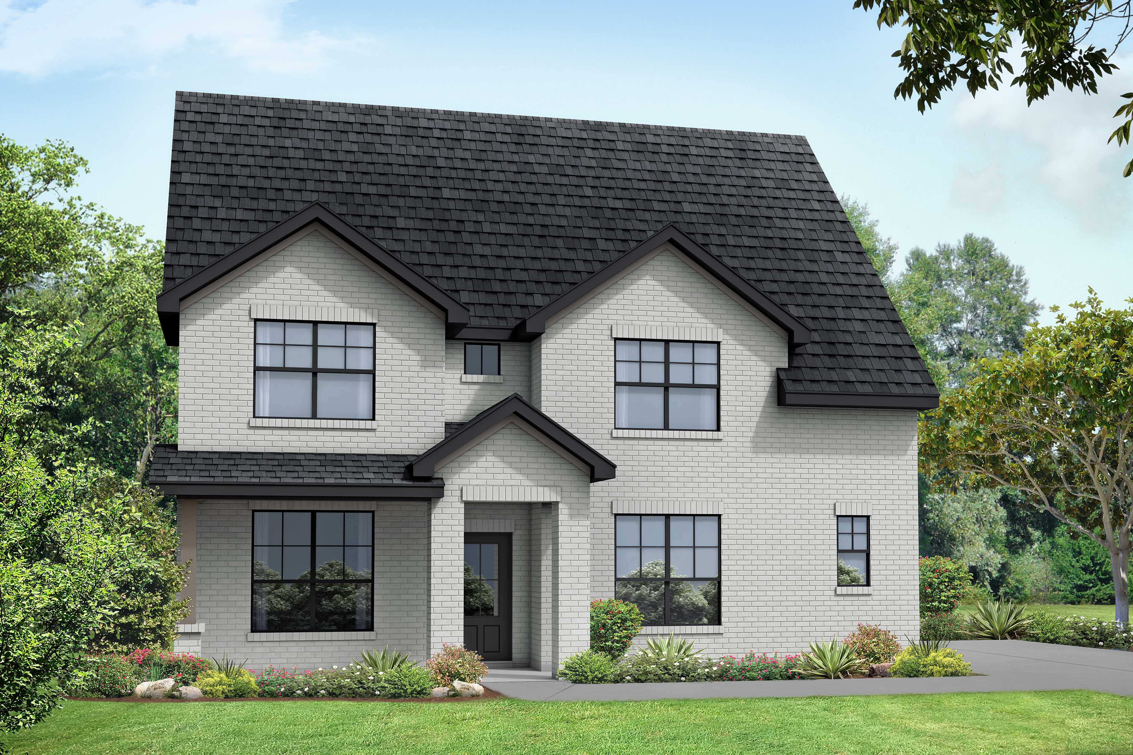 Modern 2-story Ridgeport home elevation by Davidson Homes, white brick exterior, black roof, covered porch, landscaped yard in Mt. Juliet, TN