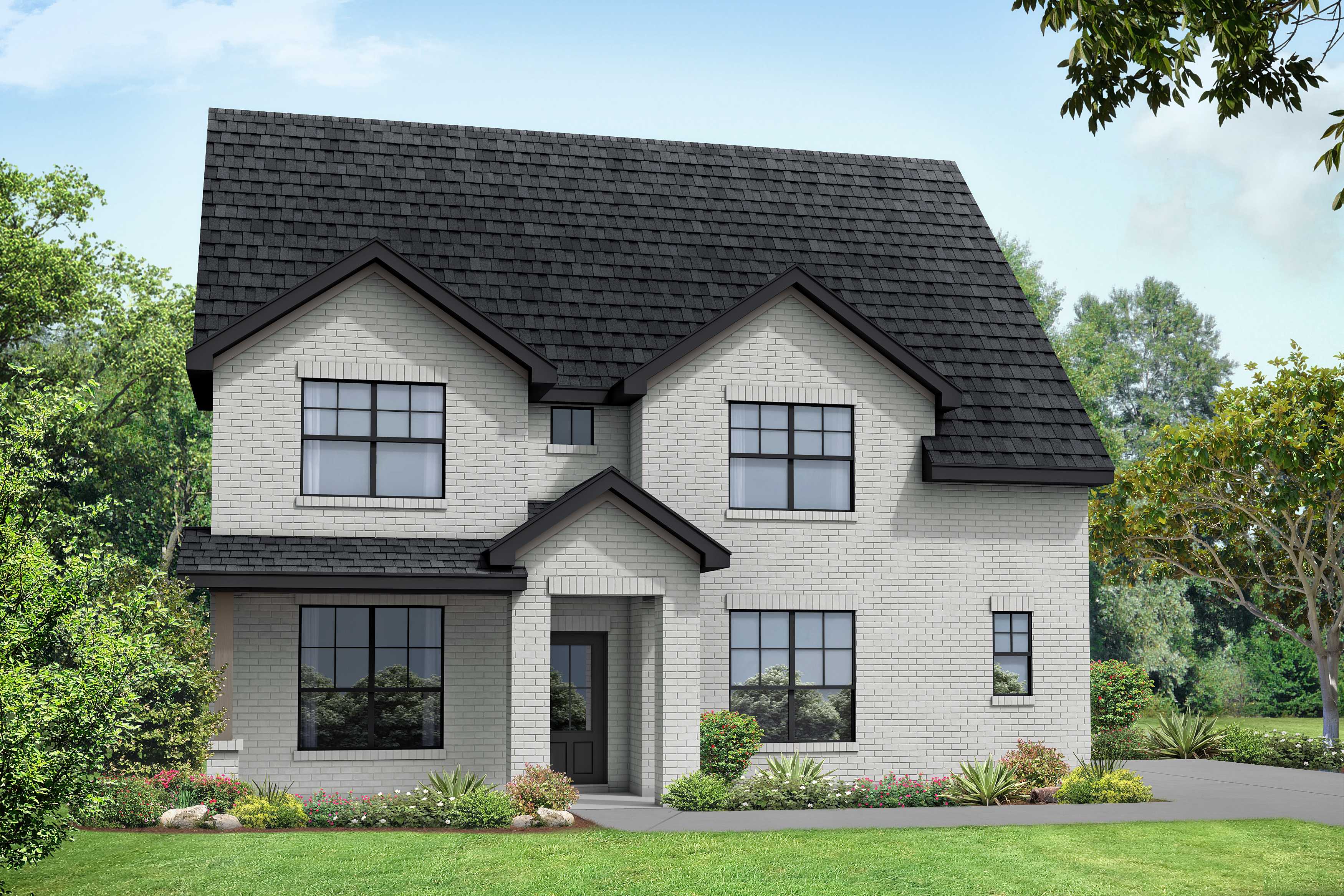 Modern 2-story Ridgeport home elevation by Davidson Homes, white brick exterior, black roof, covered porch, landscaped yard in Mt. Juliet, TN