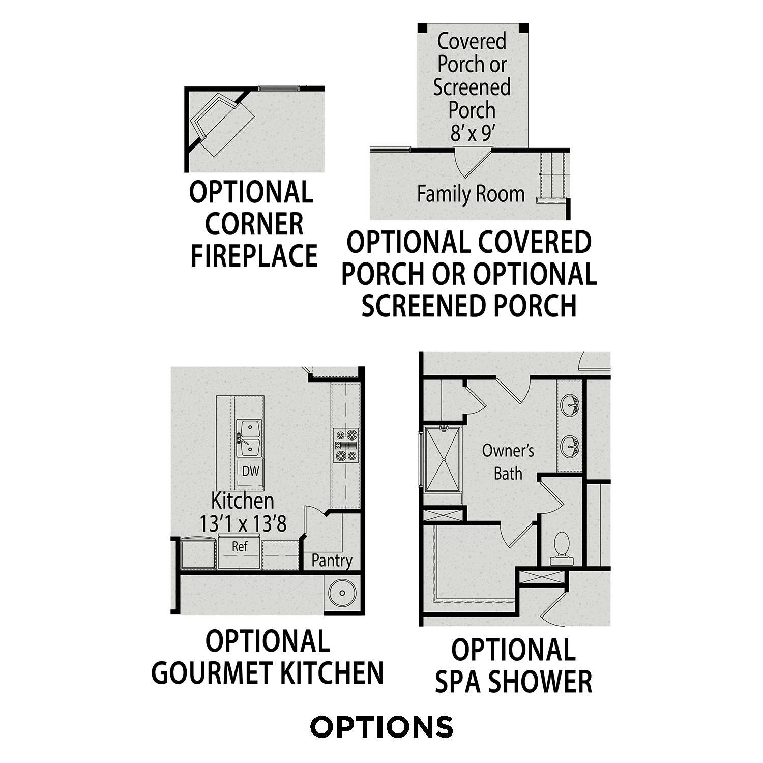 The Durham first floor plan featuring optional gourmet kitchen, family room with fireplace, screened porch, and spa shower