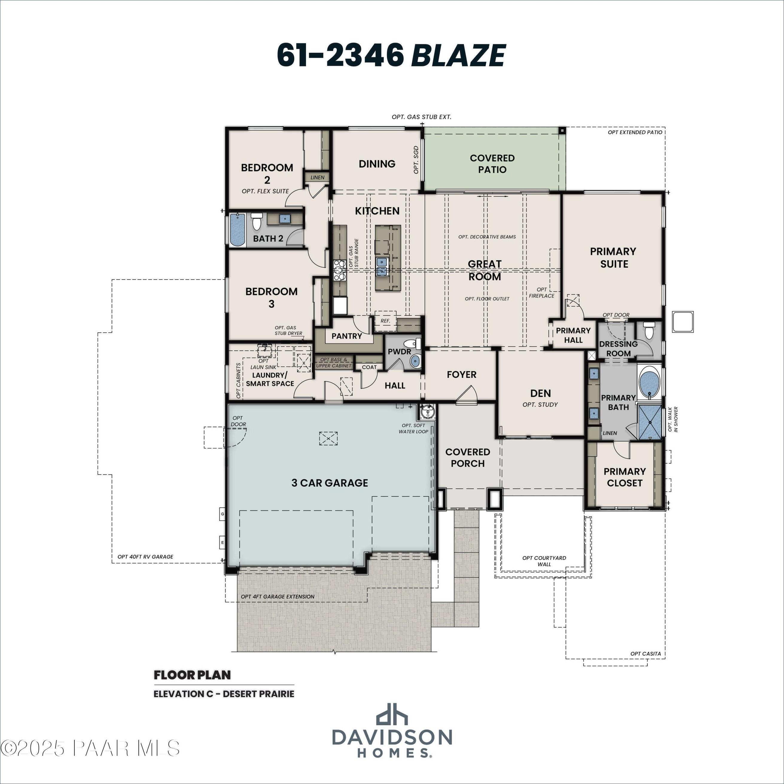 Detailed floor plan and front elevation of The Blaze C 3-bedroom, 3-car garage home by Davidson Homes in Prescott, Arizona