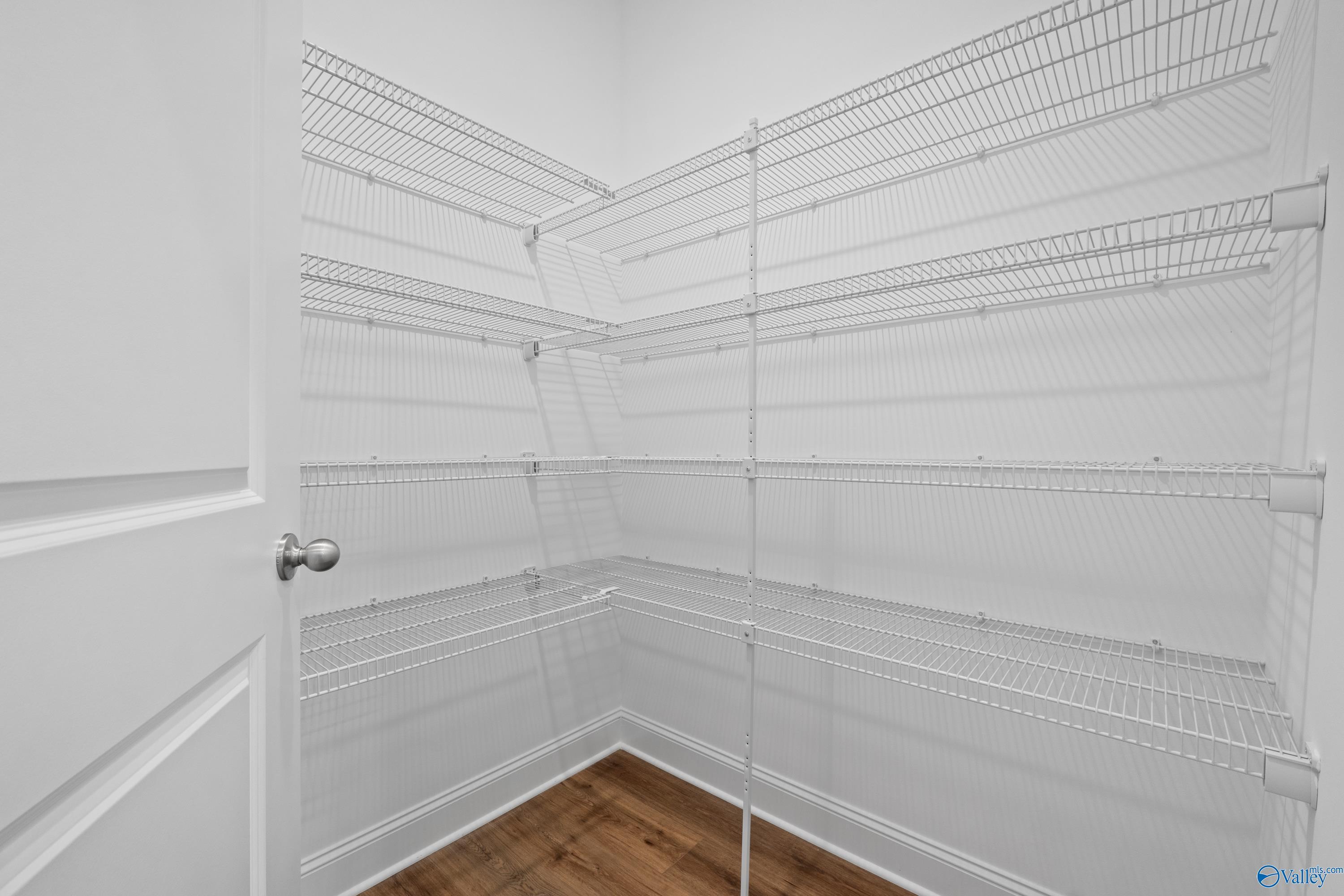Spacious walk-in pantry with white wire corner shelving and open door in Davidson Homes The Oxford, Harvest, Alabama