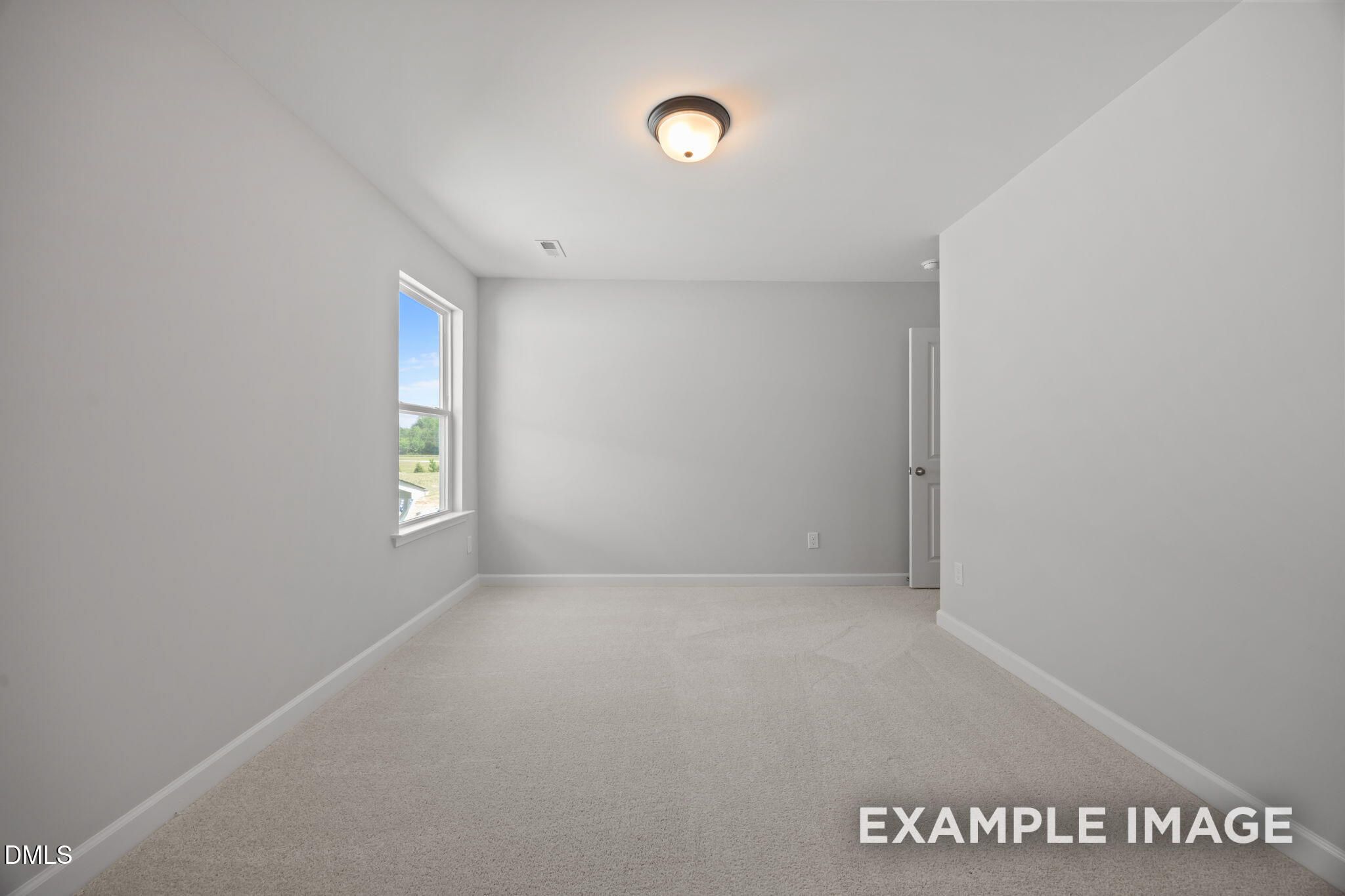 Bright empty bedroom with plush carpet, ceiling light, and window overlooking backyard in Davidson Homes The Beech, Wendell Ridge
