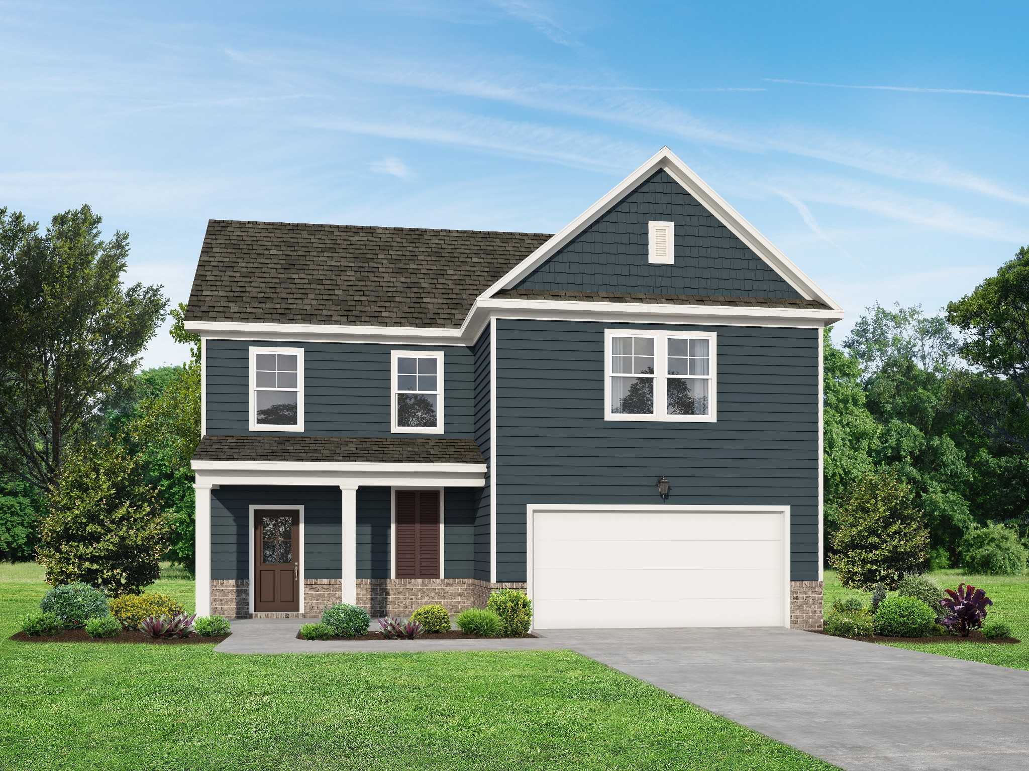 Two-story navy blue home with 2-car garage, front porch, and landscaped yard in Sage Farms, White House, Tennessee - Davidson Homes The Gordon C