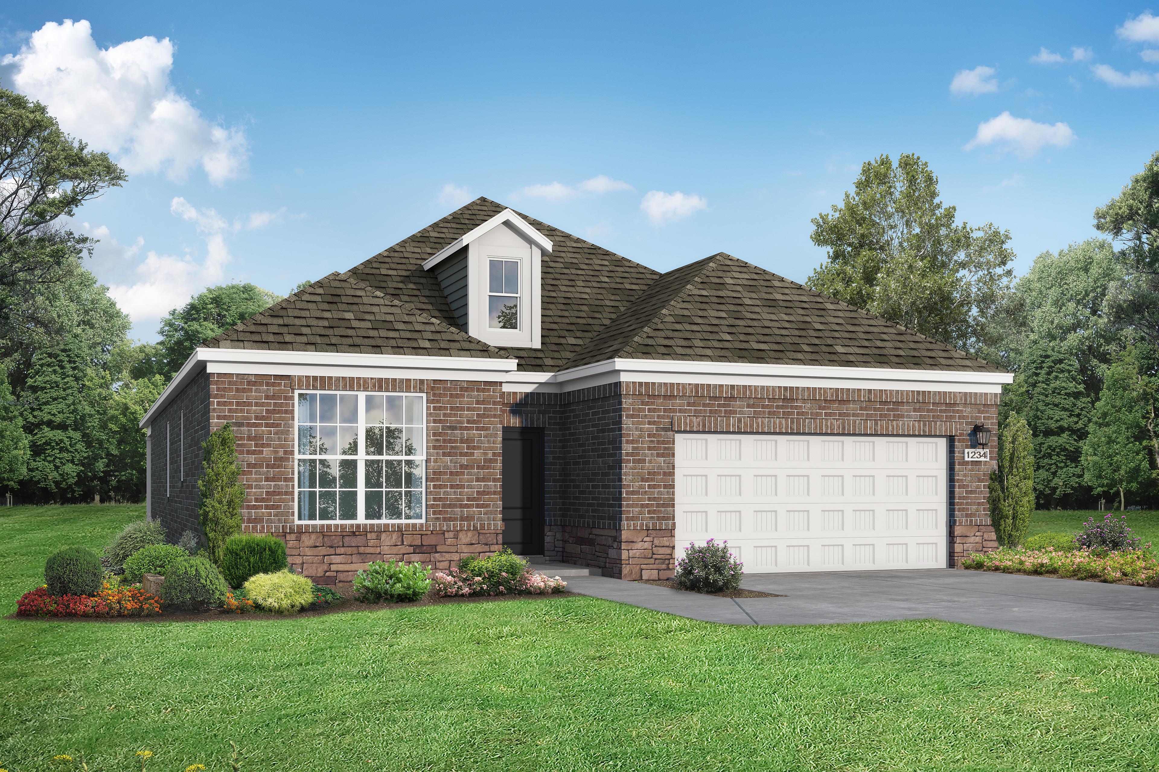 Front elevation of Everett O single-family home with brick facade, gabled roof, 2-car garage, and lush landscaped yard