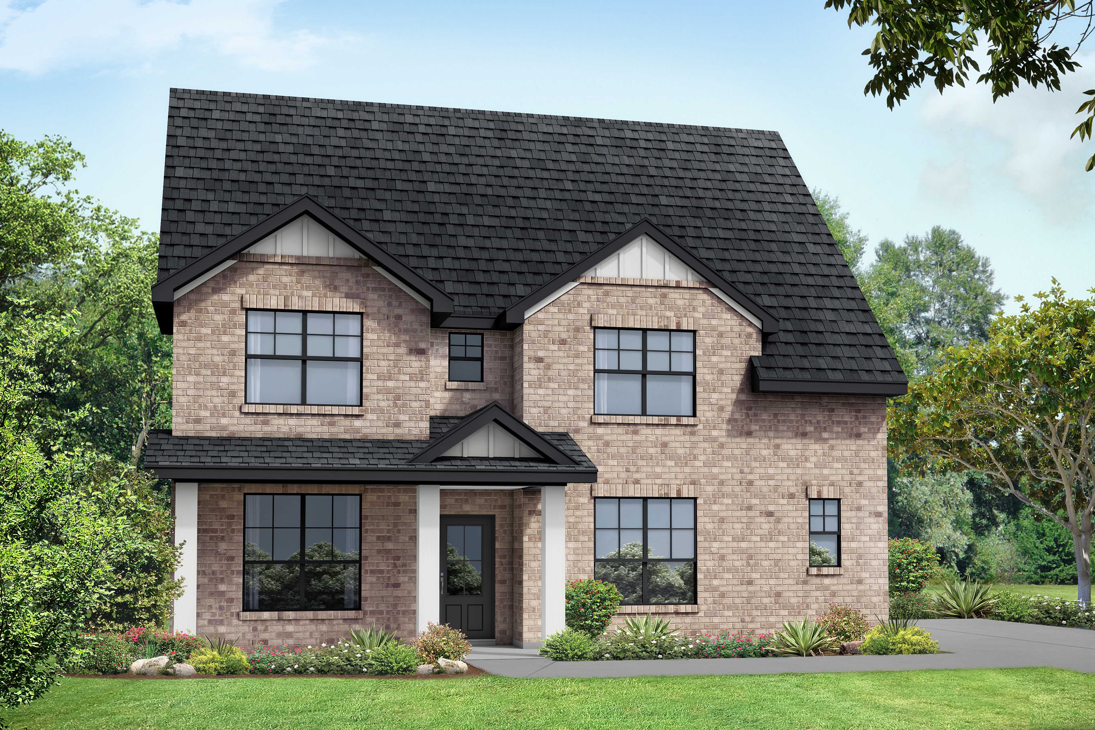 Two-story brick Ridgeport home elevation with black gabled roof, covered porch, and lush landscaped yard in Mt. Juliet, TN