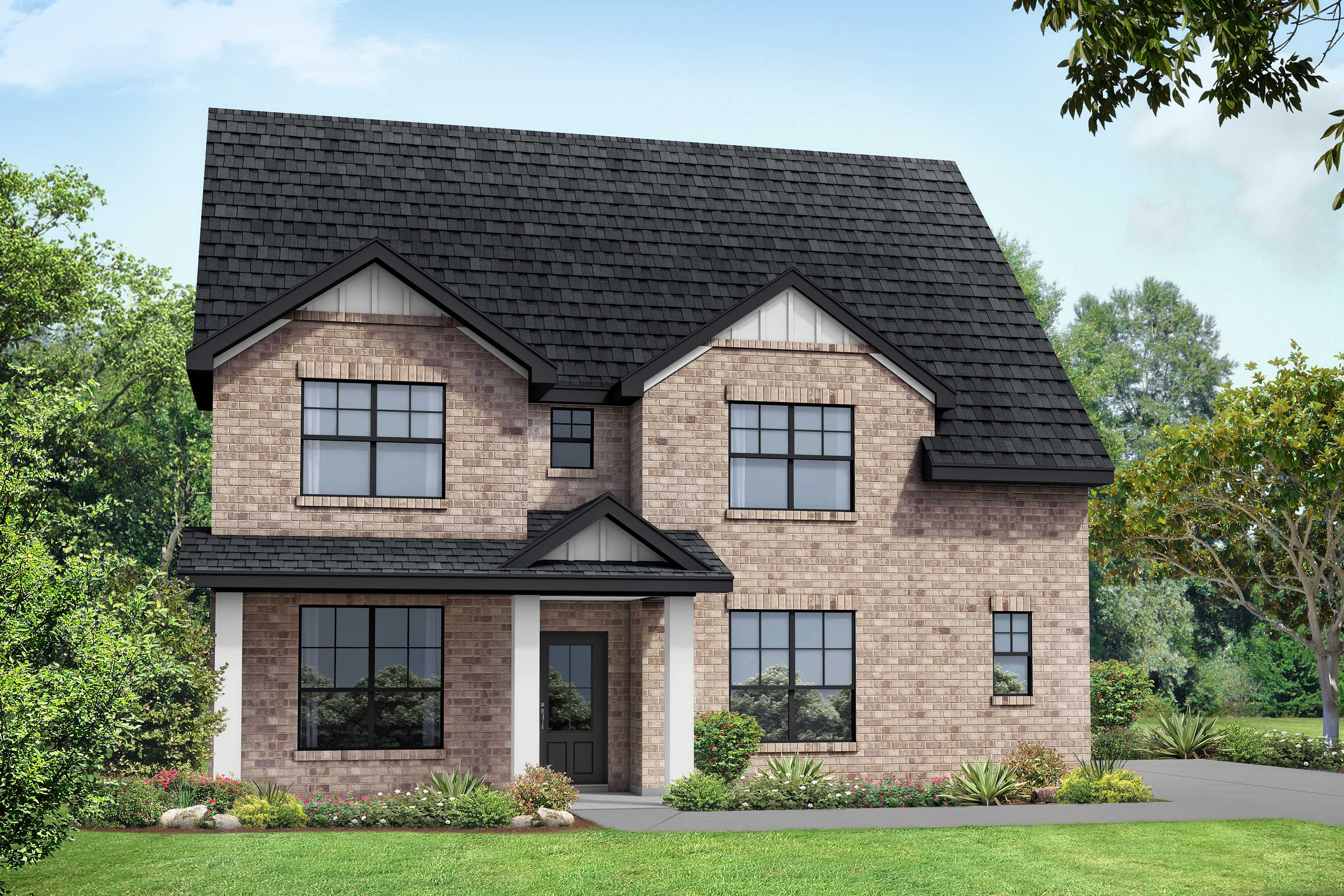 Two-story brick Ridgeport home elevation with black gabled roof, covered porch, and lush landscaped yard in Mt. Juliet, TN