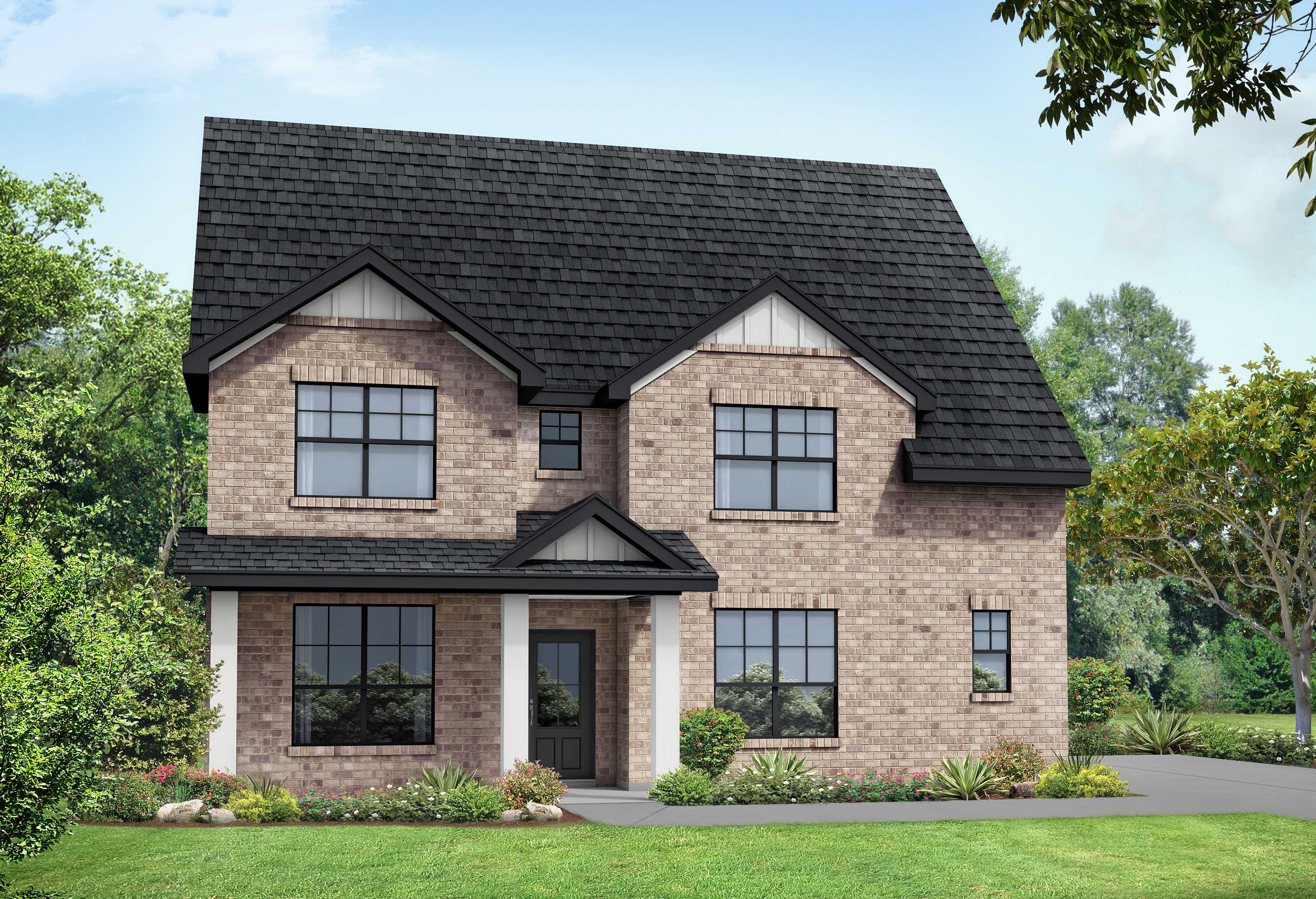 Two-story brick Ridgeport home elevation with black gabled roof, covered porch, and lush landscaped yard in Mt. Juliet, TN