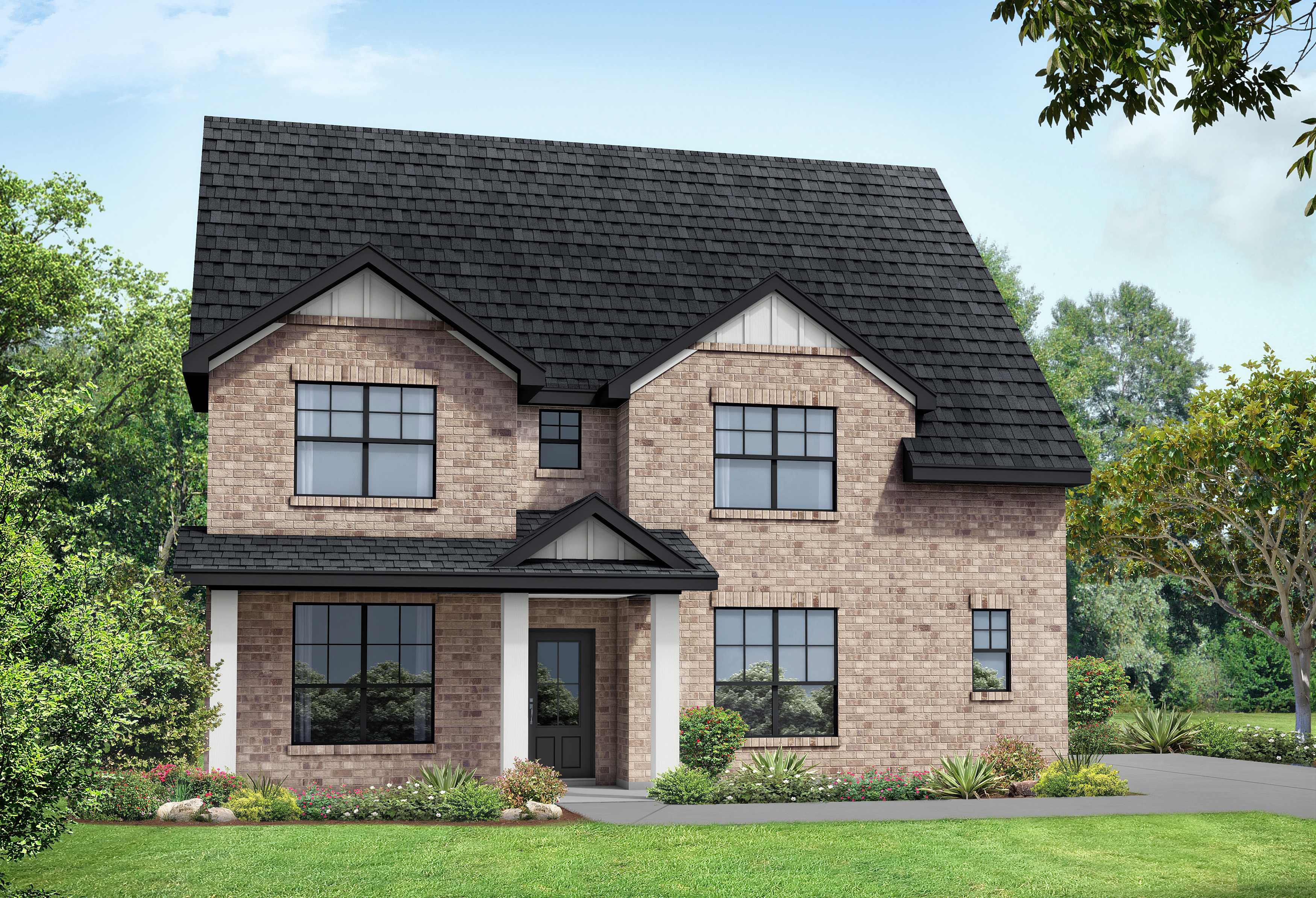 Two-story brick Ridgeport home elevation with black gabled roof, covered porch, and lush landscaped yard in Mt. Juliet, TN