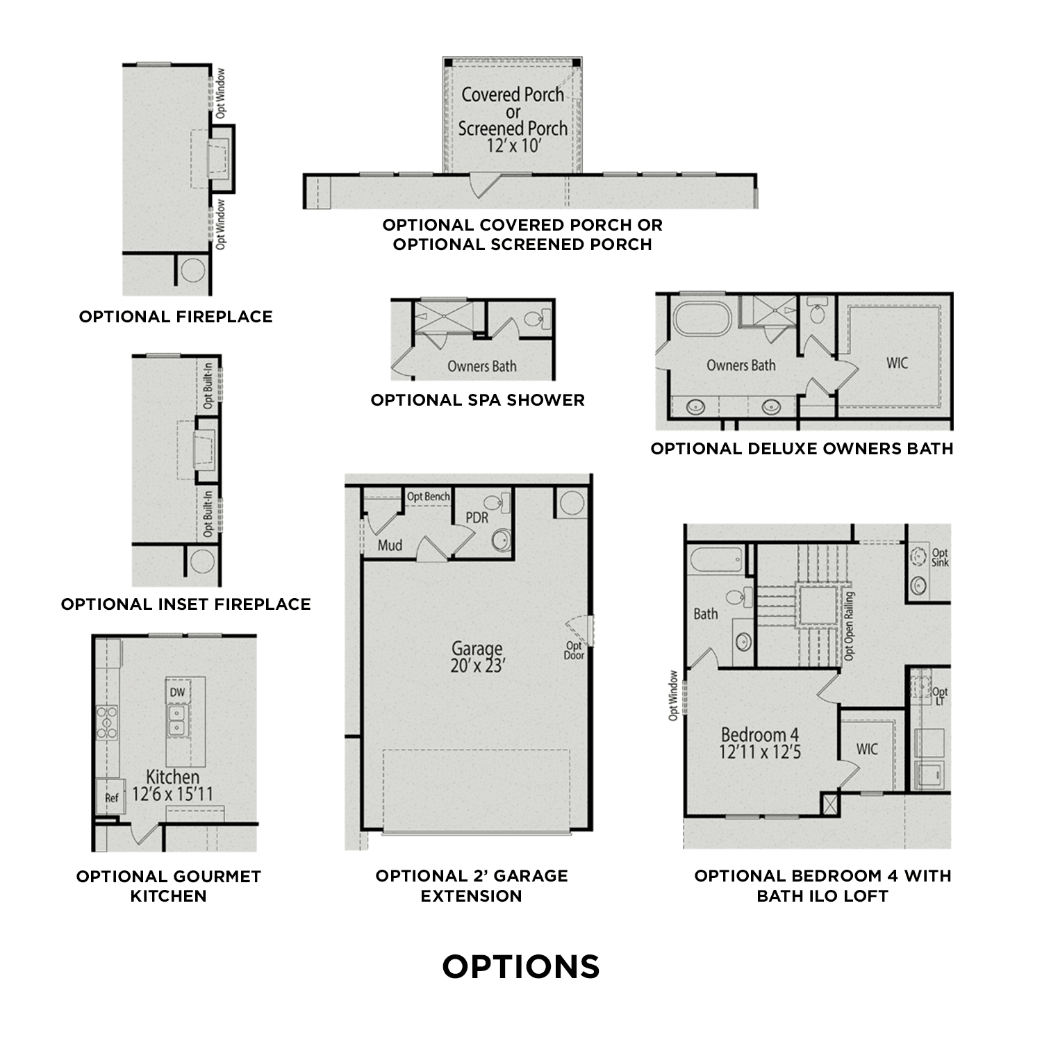 The Hemlock A floor plan options: screened porch, gourmet kitchen, deluxe owner's bath, spa shower, and 2-car garage extension