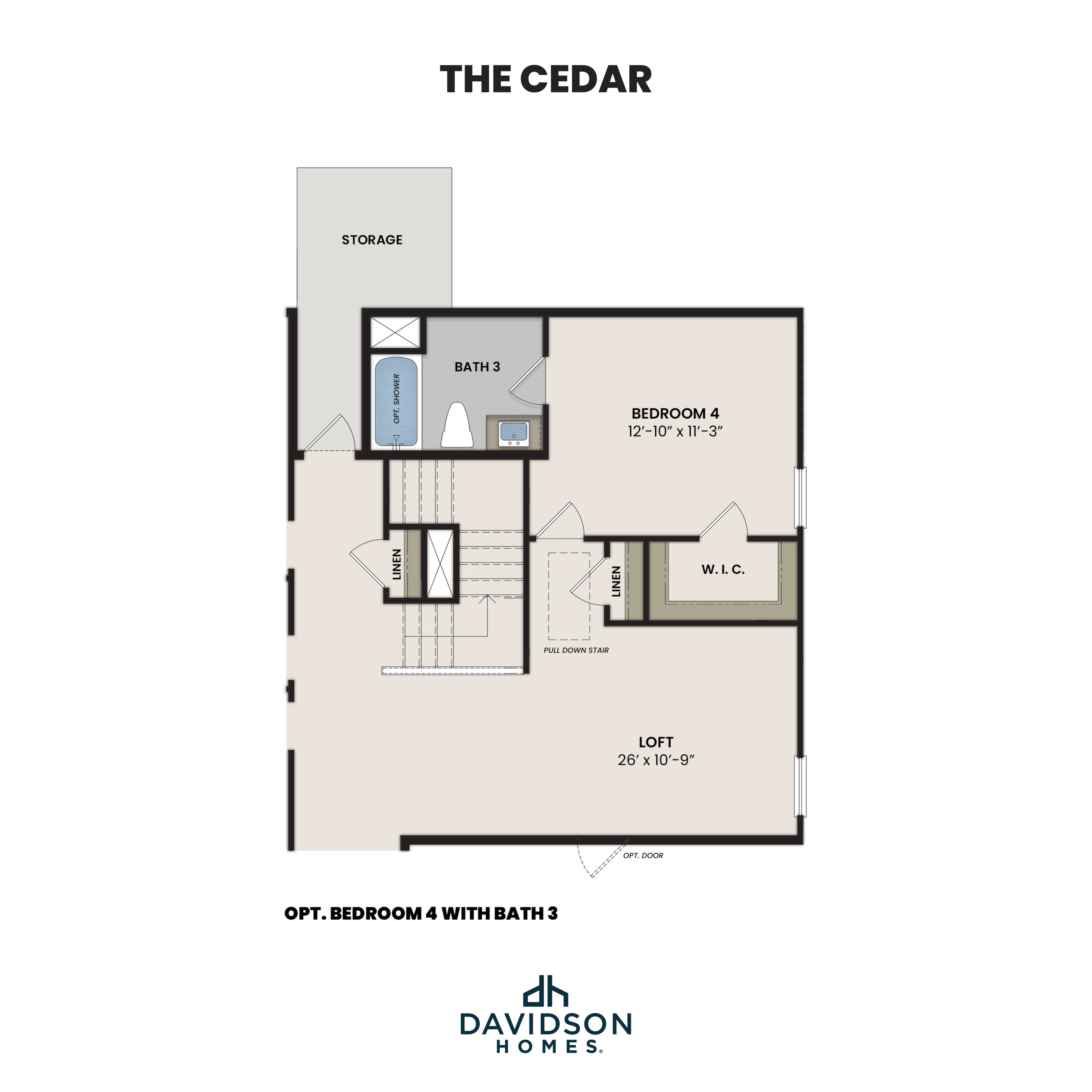 Second-floor layout of The Cedar by Davidson Homes: loft, optional bedroom 4 with bath 3, storage, linen closets, W.C.