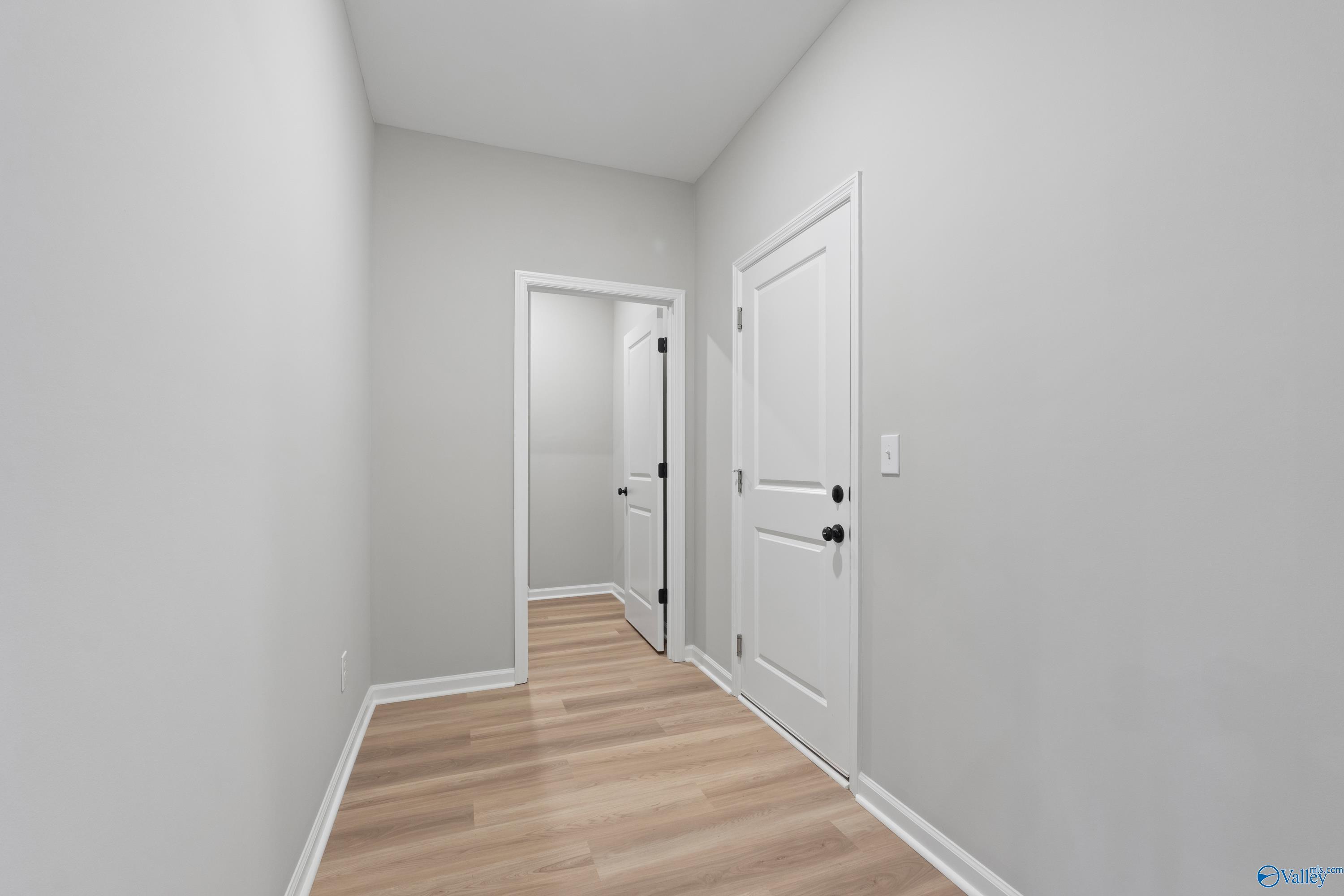 Bright hallway with light gray walls, white doors, and hardwood floors in Davidson Homes The Phoenix, Hazel Green, Alabama