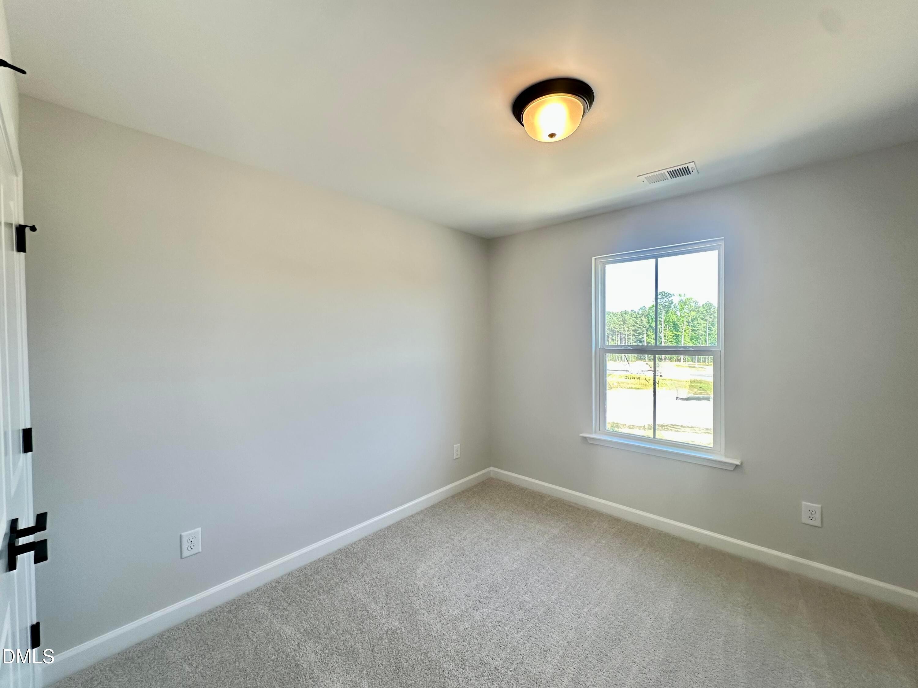 Bright empty bedroom with gray walls, neutral carpet, ceiling light, and wooded window view in Davidson Homes The Avery, Knightdale NC