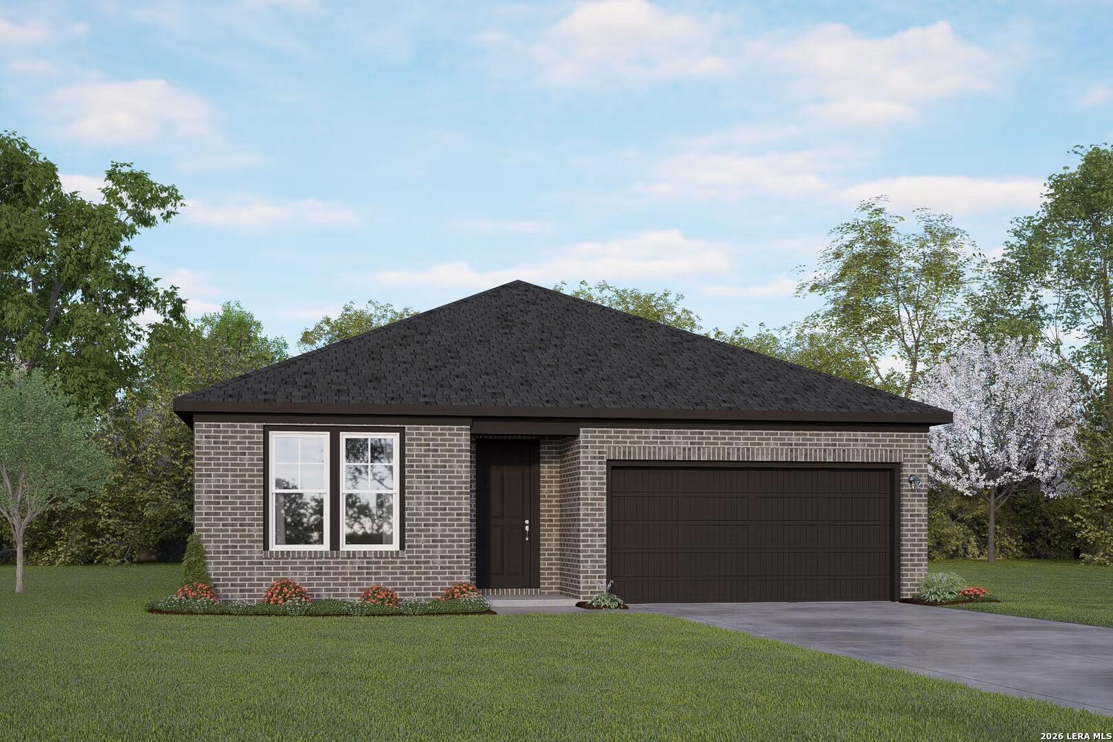 Single-story brick exterior of The Daphne G floor plan by Davidson Homes in Comanche Ridge, San Antonio, Texas.