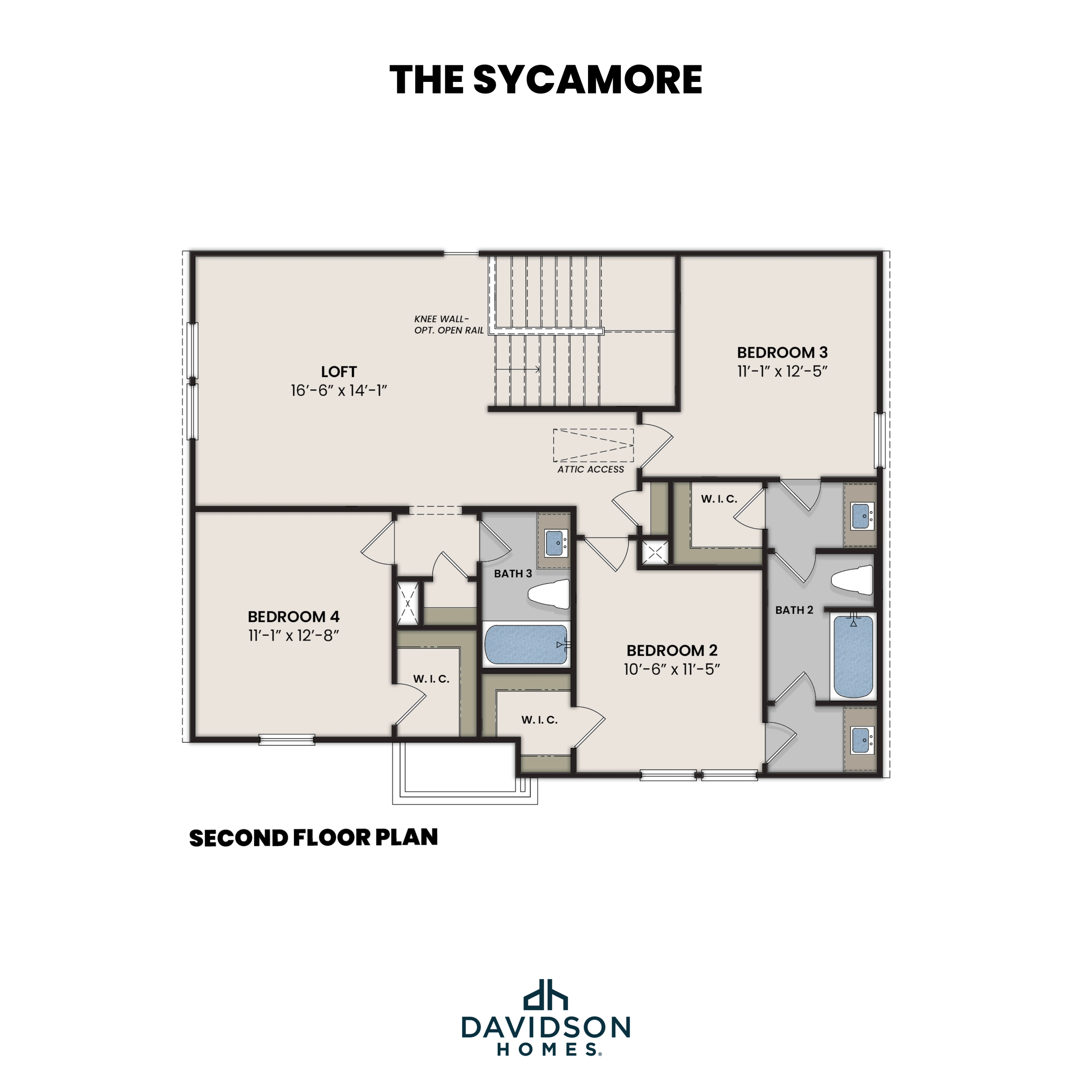 Second floor plan of The Sycamore showcasing loft, bedrooms 2-4, full baths, and walk-in closets by Davidson Homes
