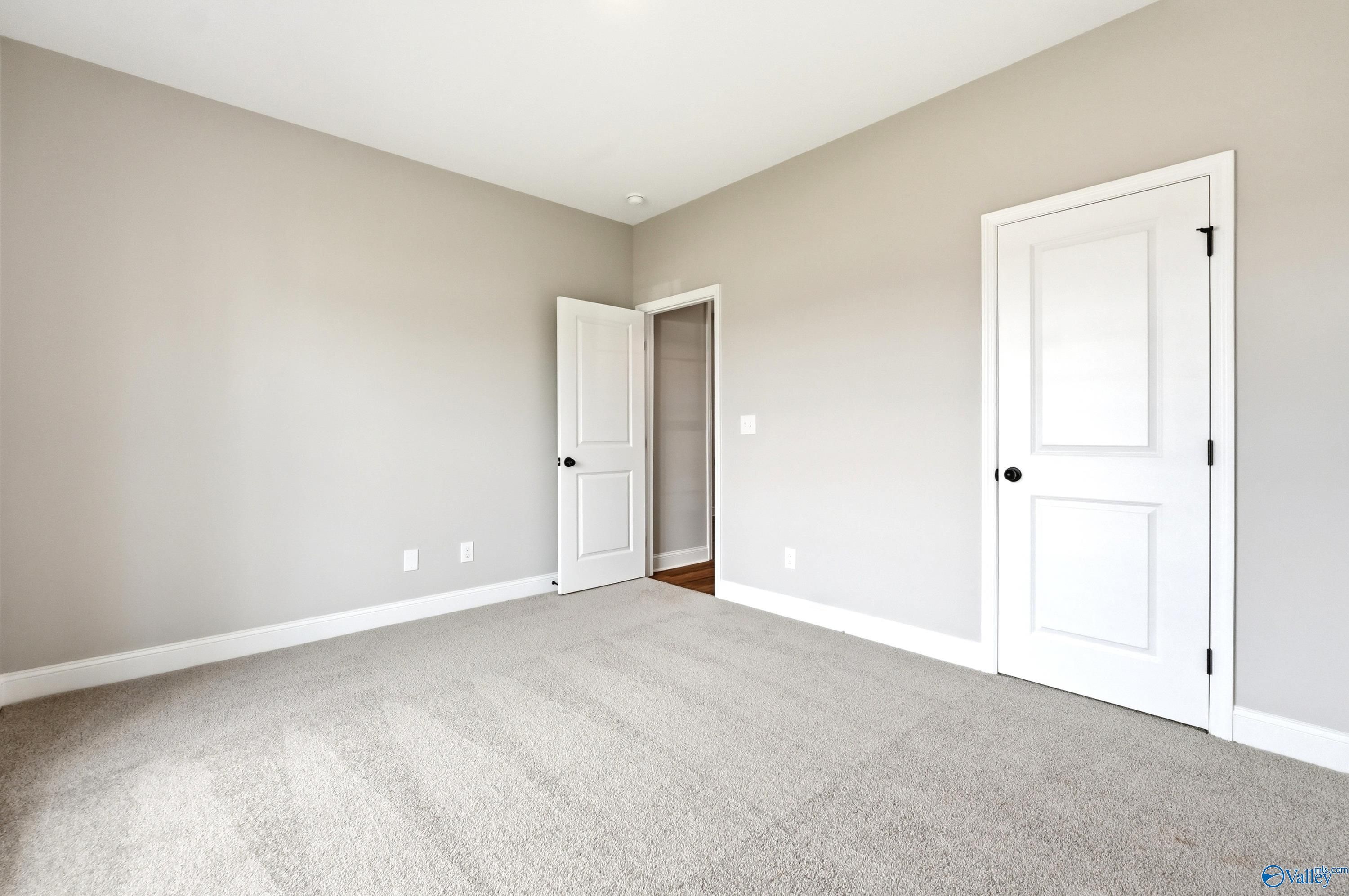 Spacious bedroom with neutral carpet and walk-in closet in The Daphne D floor plan at Creekside, Harvest, Alabama.