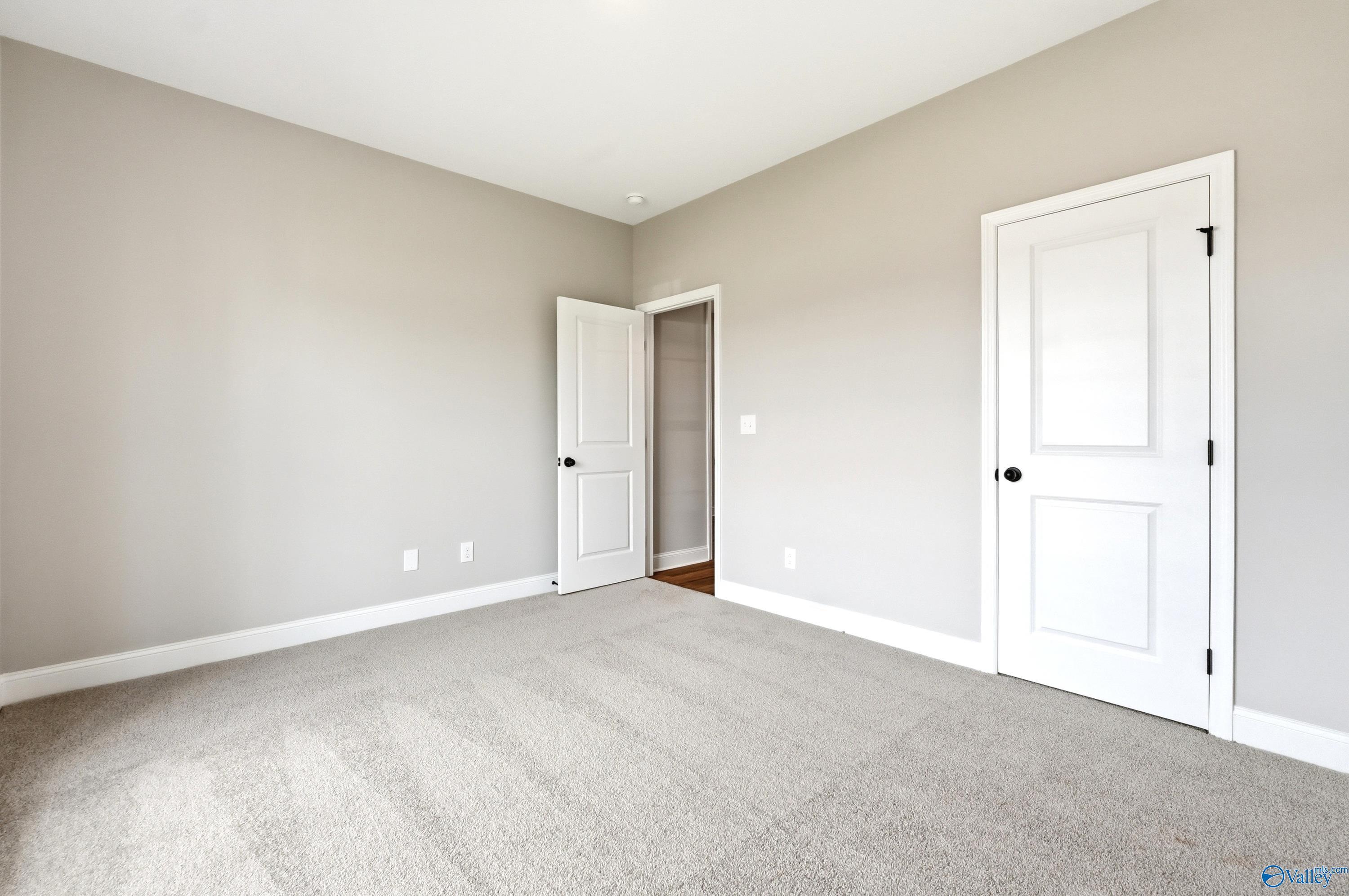 Spacious bedroom with neutral carpet and walk-in closet in The Daphne D floor plan at Creekside, Harvest, Alabama.