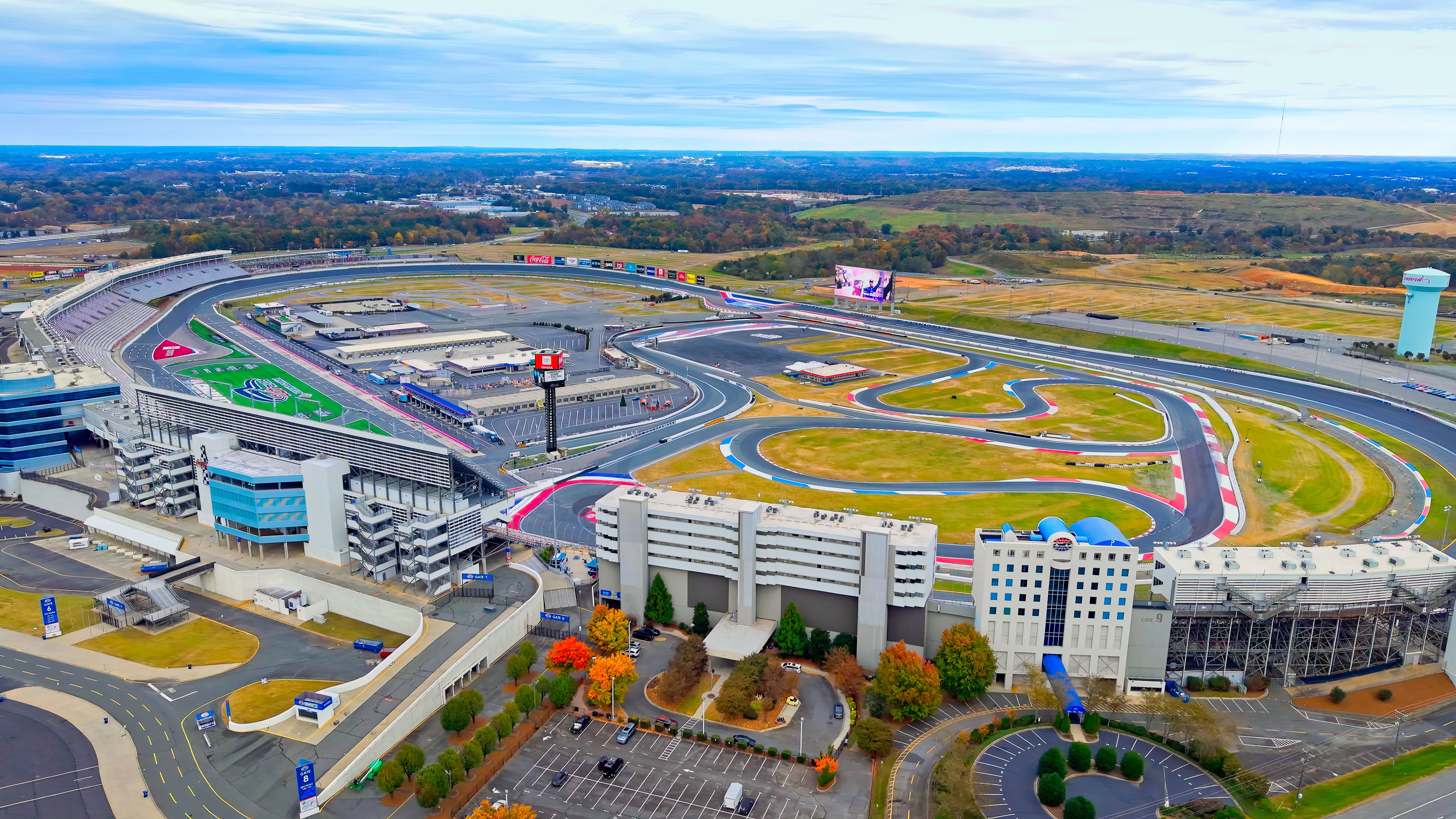 Aerial view of Charlotte Motor Speedway near Long Creek Townhomes by Davidson Homes in Charlotte, North Carolina.