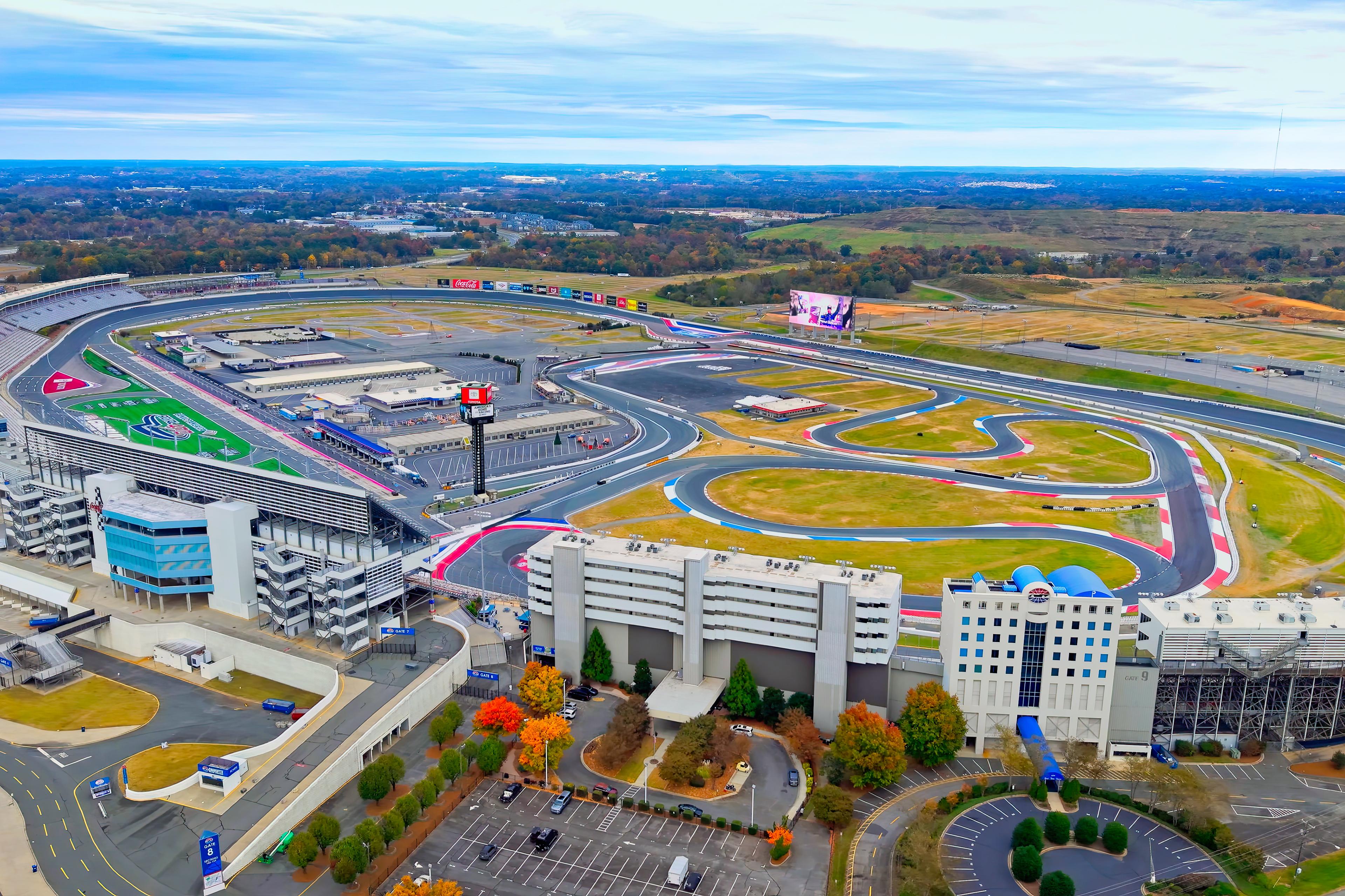 Aerial view of Charlotte Motor Speedway near Long Creek Townhomes by Davidson Homes in Charlotte, North Carolina.