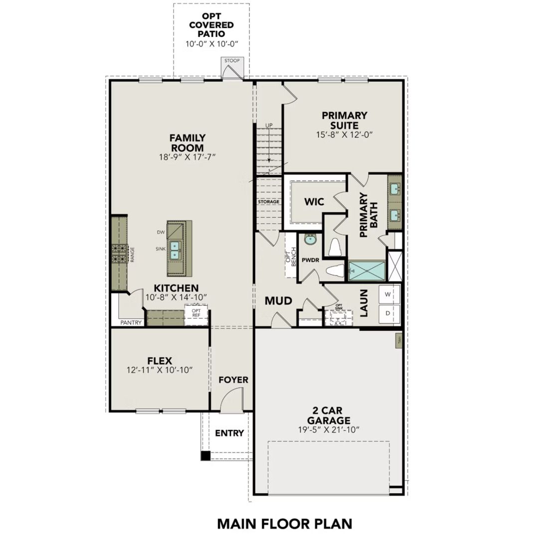 Main floor plan of The Douglas E 4-bedroom home by Davidson Homes in Royal Crest, San Antonio, featuring primary suite, kitchen, and 2-car garage