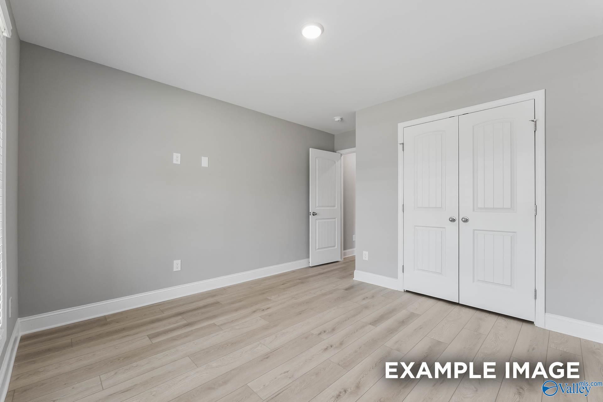 Spacious master bedroom featuring gray walls, double-door walk-in closet, and light wood laminate floors in Davidson Homes The Everett B, Toney, Alabama