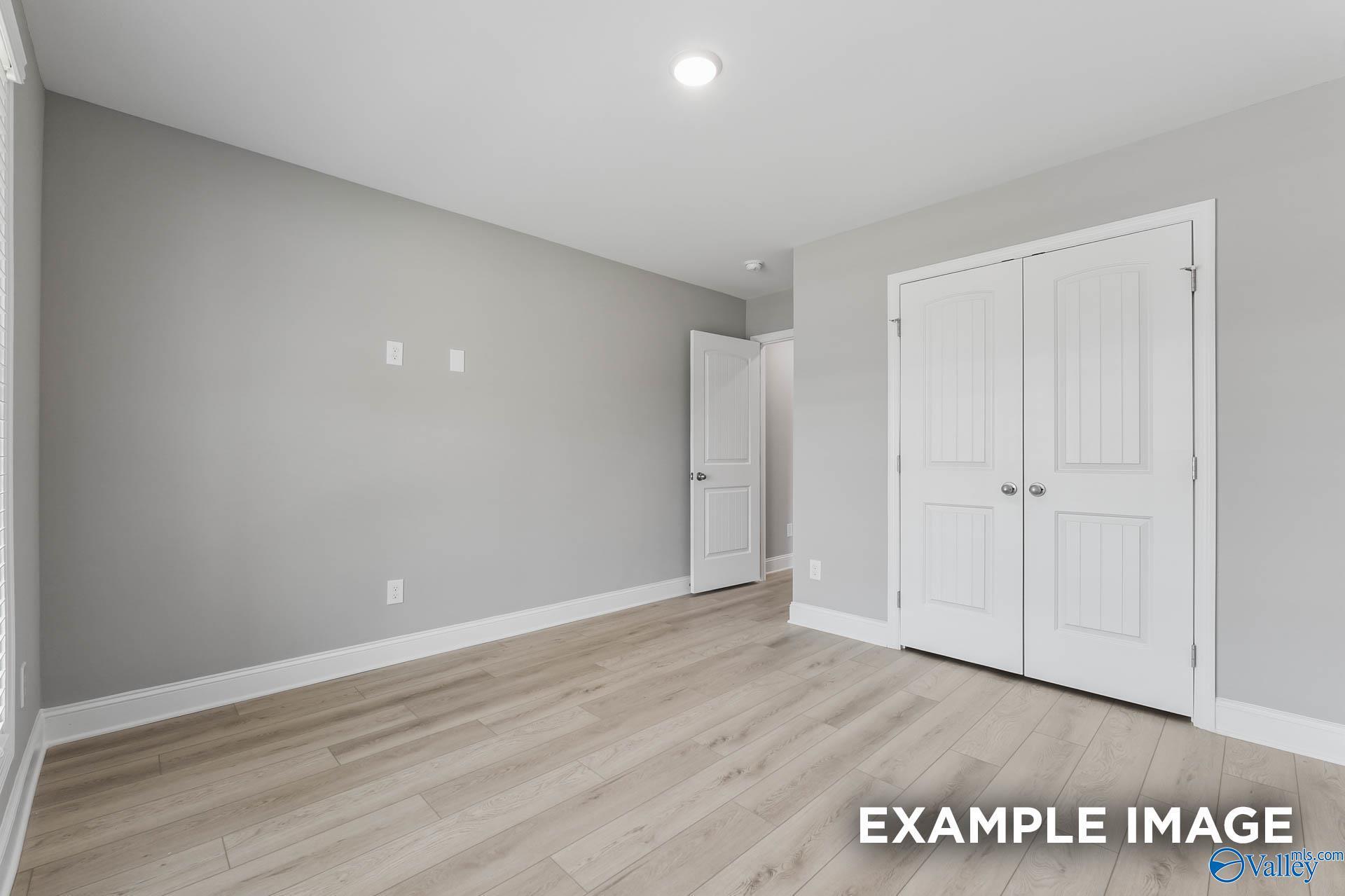 Spacious master bedroom featuring gray walls, double-door walk-in closet, and light wood laminate floors in Davidson Homes The Everett B, Toney, Alabama