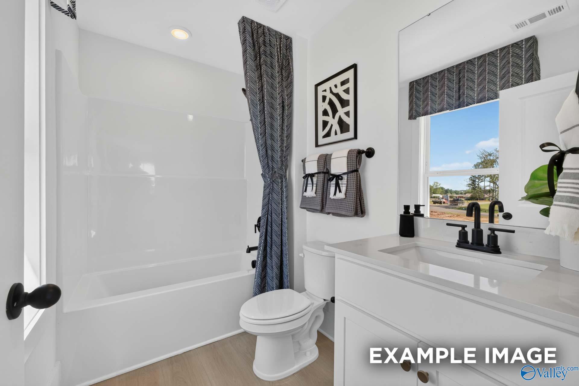 Bright bathroom with tub, matte black fixtures, and white vanity in Davidson Homes Ashport K, Hazel Green, Alabama