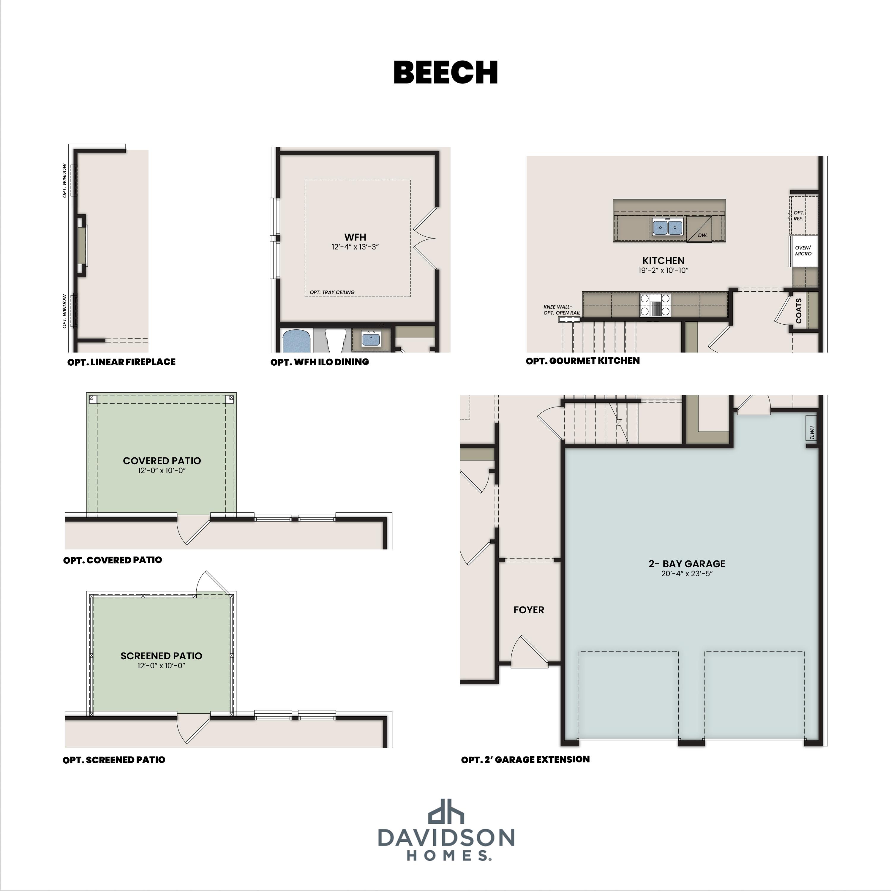 Floor plan options for The Beech by Davidson Homes showing gourmet kitchen, covered patio, screened patio, and 2-bay garage extension