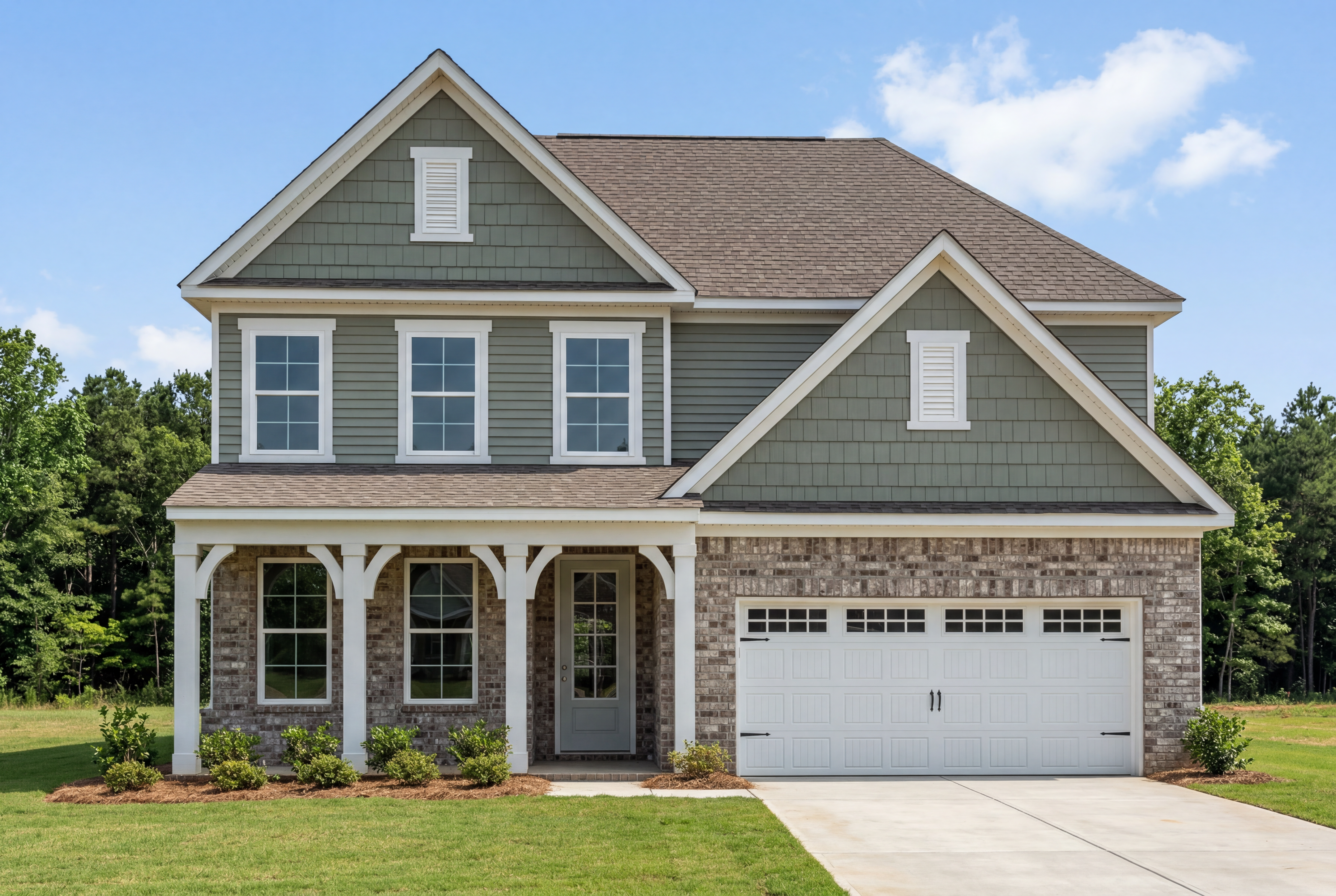 The Ashport two-story home plan featuring a brick and vinyl exterior with a spacious two-car garage in Cullman, Alabama.