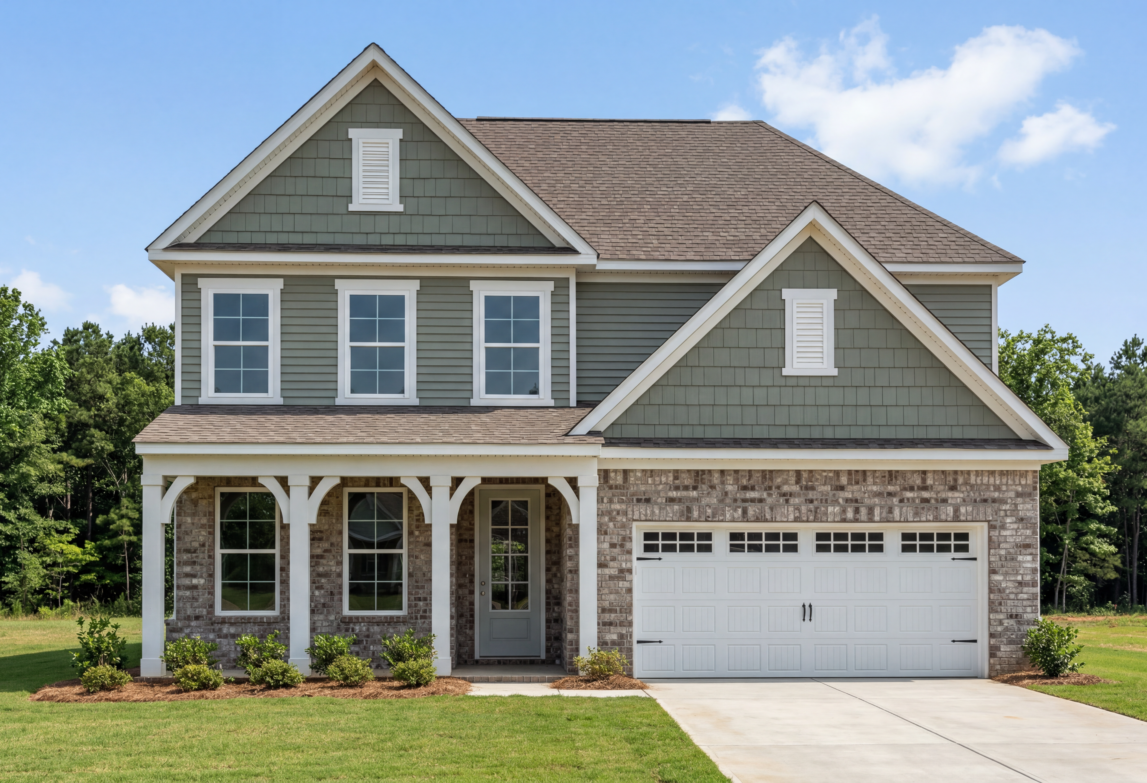The Ashport two-story home plan featuring a brick and vinyl exterior with a spacious two-car garage in Cullman, Alabama.