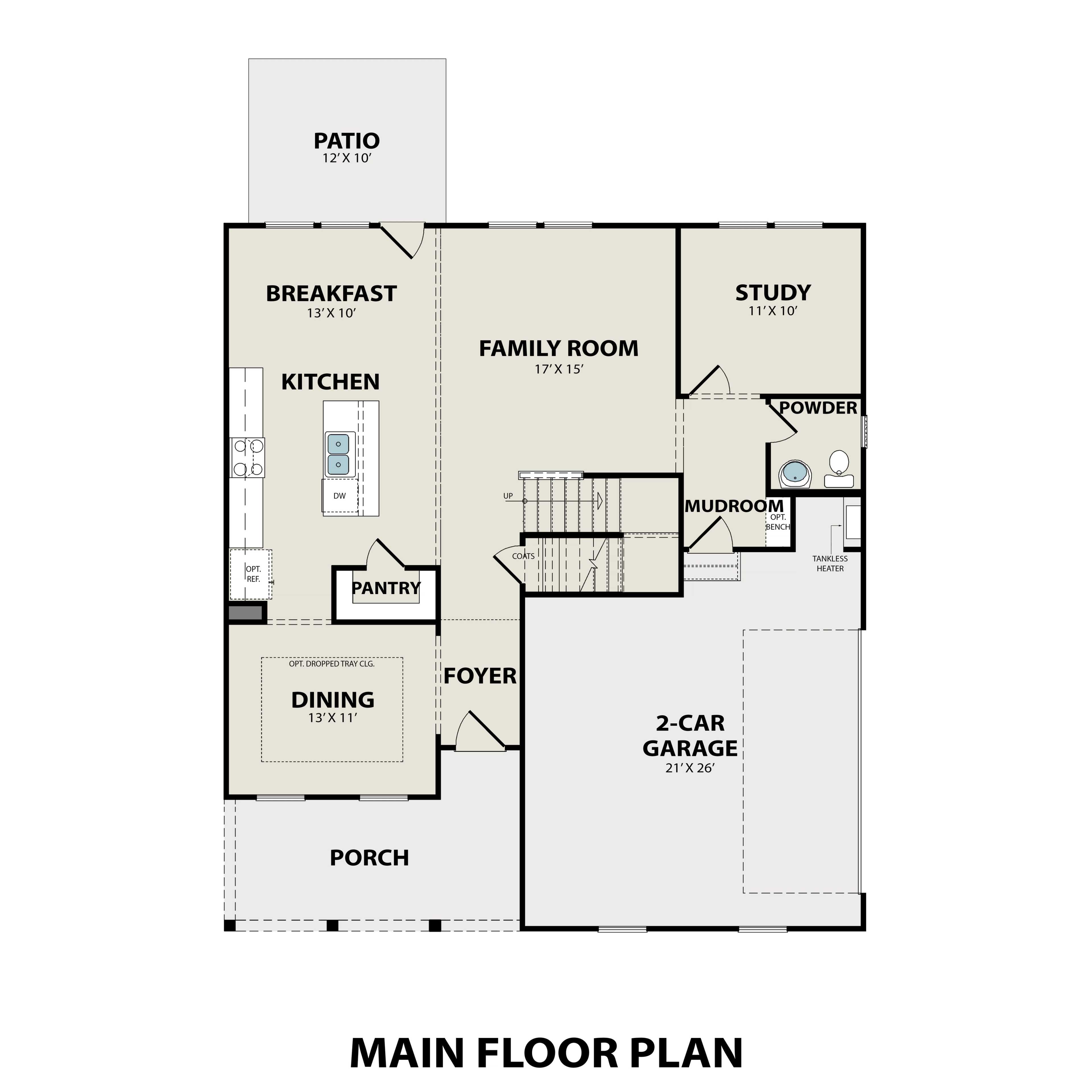 Main floor plan of The Willow A by Davidson Homes: open kitchen, family room, dining area, study, 2-car garage, porch, patio