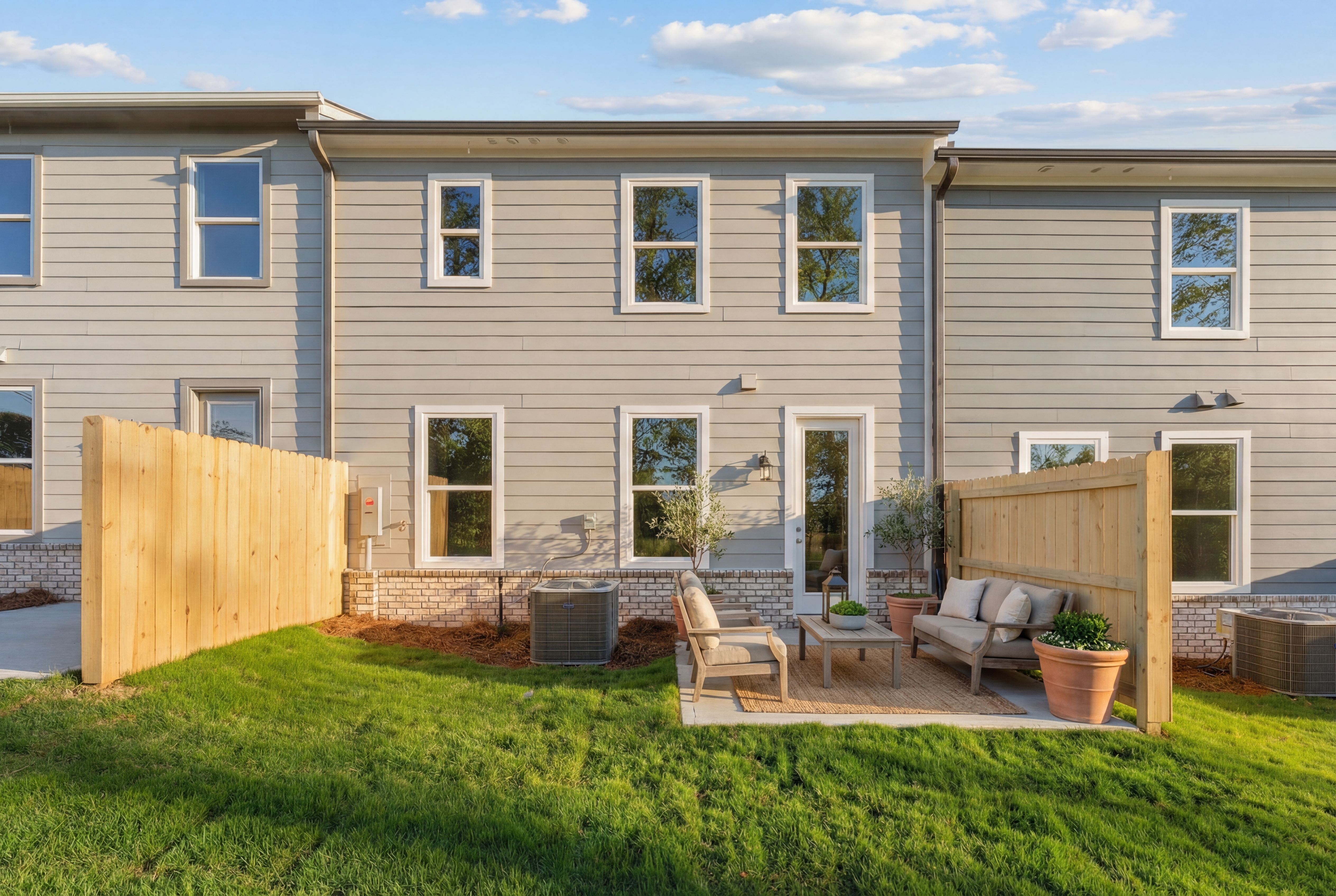 Fenced backyard patio with lounge seating, potted plants, and lush grass at Lake Shore in Winder, Georgia