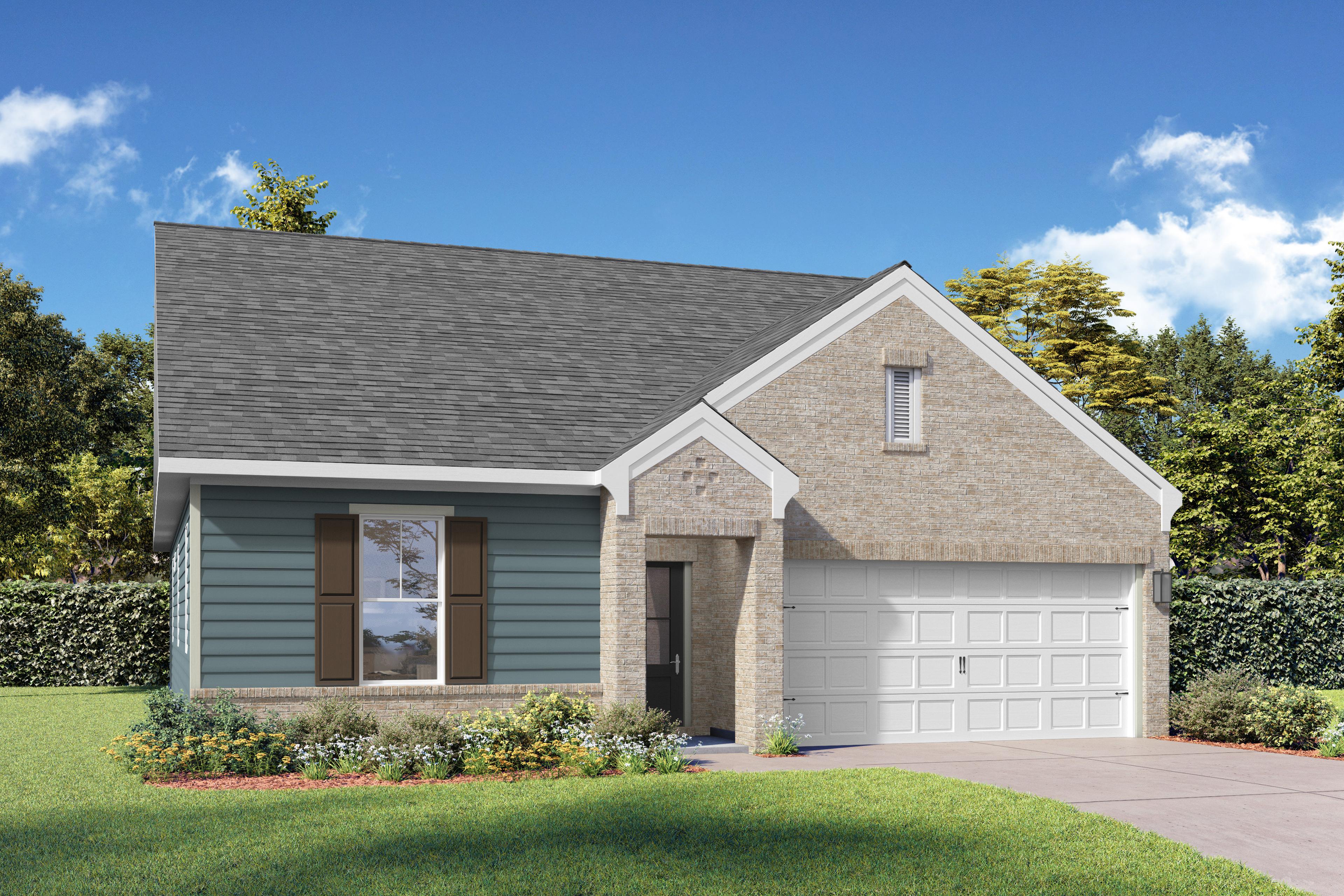 Charming single-story exterior of The Cottonwood home with brick siding, 2-car garage, and lush landscaping in Gallatin TN