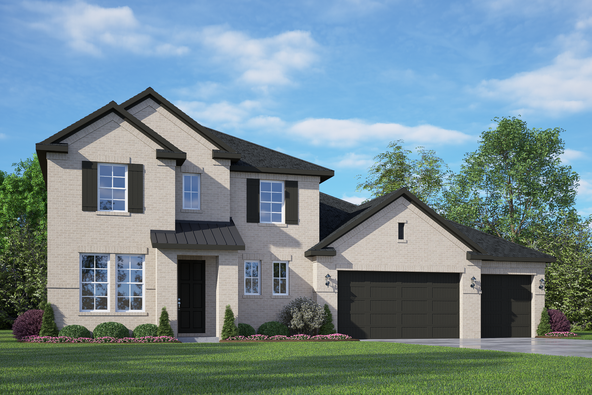Modern two-story elevation of The Philip A showcasing 3-car garage, beige siding, black shutters, and landscaped yard in Texas City